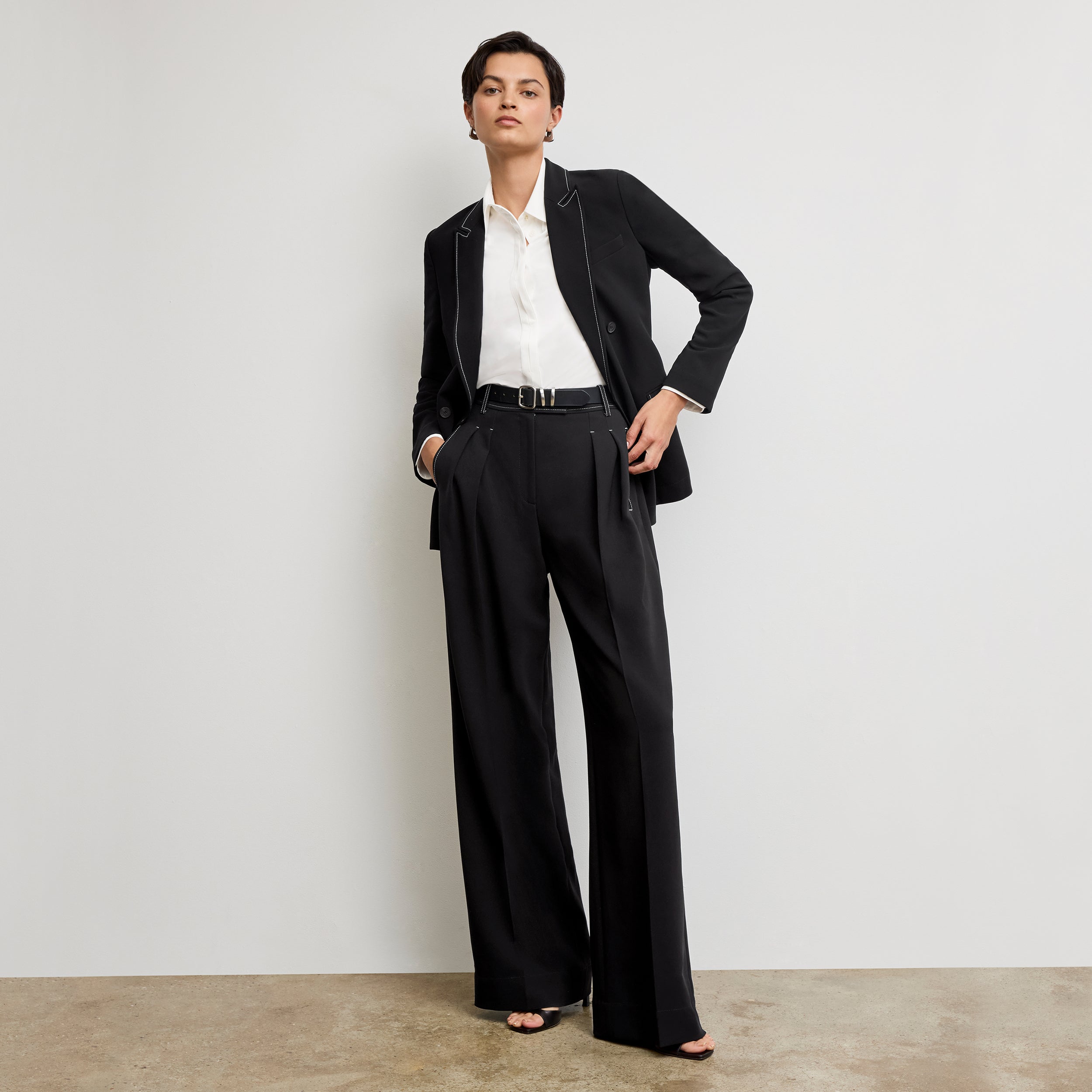 Bia Pleated Trousers for Women - High Waist Everyday Crepe Pants with Topstitch Detail - Comfortable Office Work Pants - Black - Perfect for Business Casual & Professional Wear