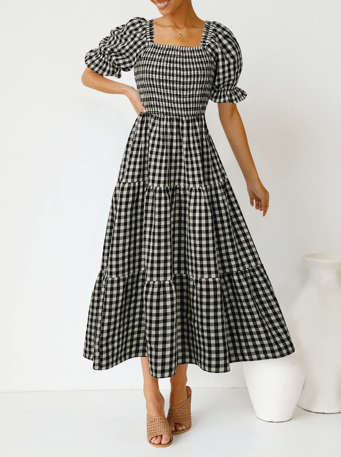 ZESICA Women's 2025 Bohemian Summer Dress - Plaid Square Neck Puff Sleeve Ruffle Flowy Midi Dress for Beach Vacation, Party & Casual Wear