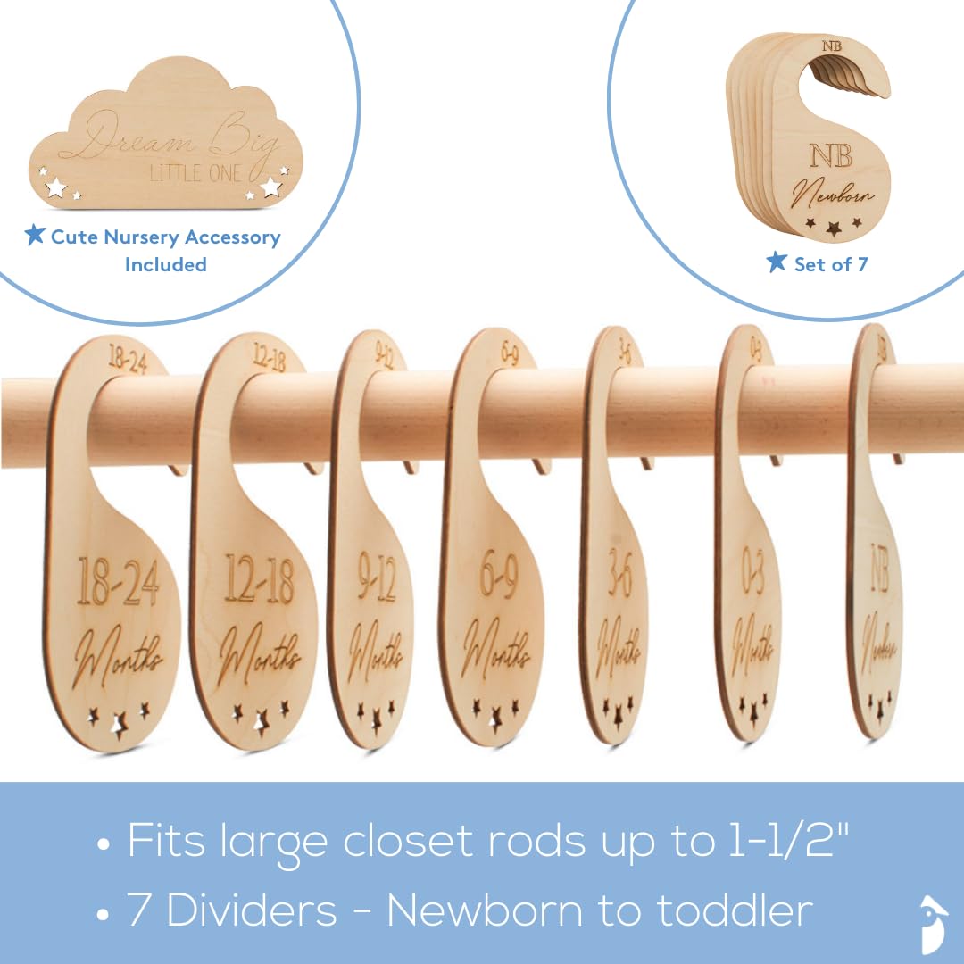 7-Piece Baby Closet Dividers Set - Double Sided Wooden Nursery Organizer for Newborn to Toddler Clothes | Hanging Closet Dividers for Standard Rods | Perfect for Nursery Organization & Baby Wardrobe Sorting