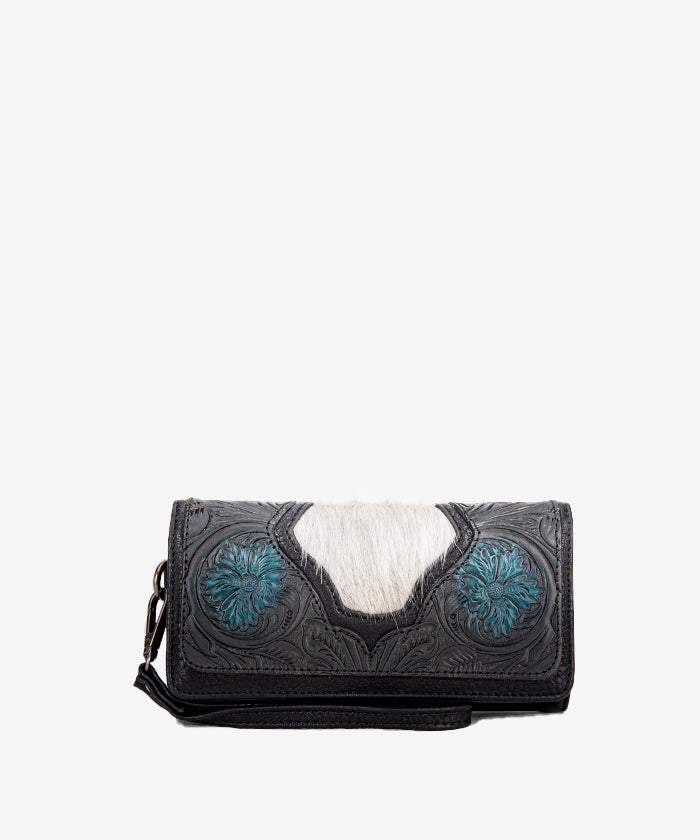 Trinity Ranch Floral Tooled Hair-On Cowhide Leather Wallet for Men & Women - Stylish Western Bifold Wallet for Everyday Use, Travel & Gifts
