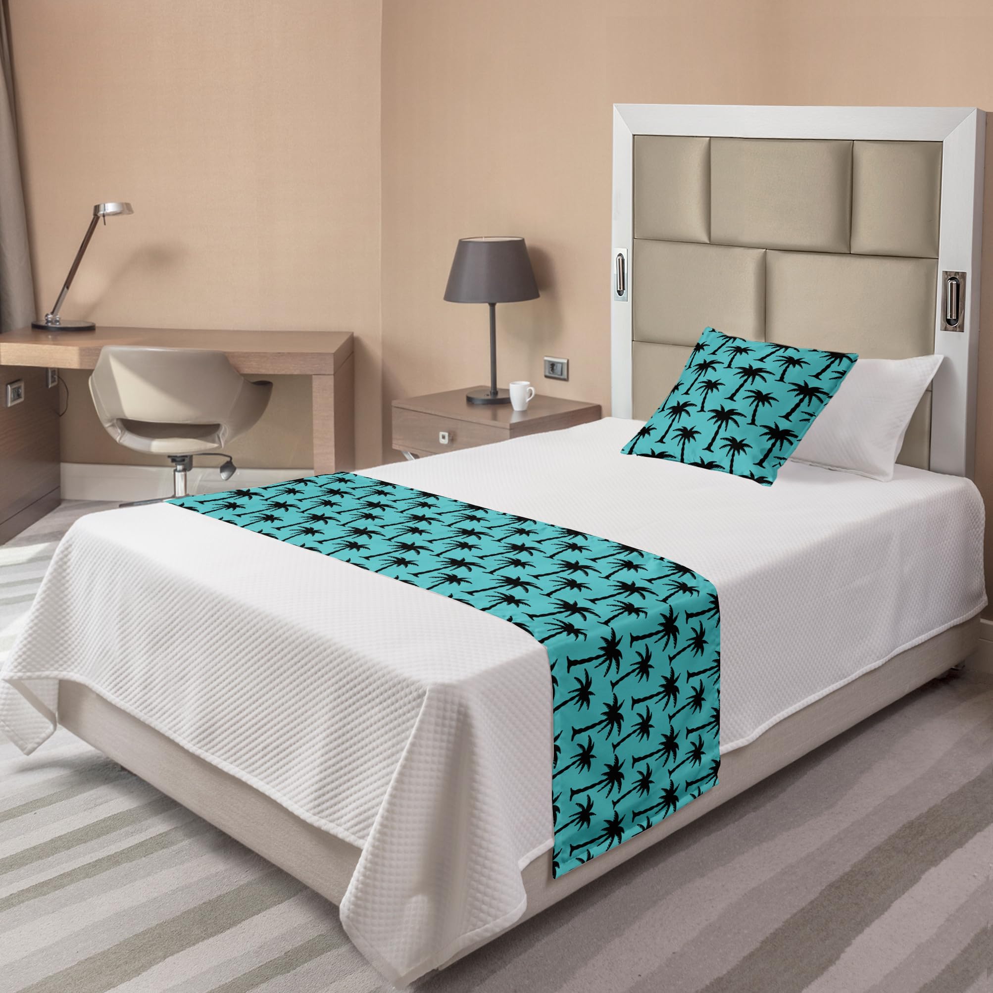 Ambesonne Tropical Palm Tree Bed Runner Set - Black Coconut Tree Silhouettes on Turquoise Background, Cartoon Style Bed Scarf & Pillow Sham for Twin Bed - Perfect for Beach House Decor, Hotel Room Styling and Tropical Bedroom Theme