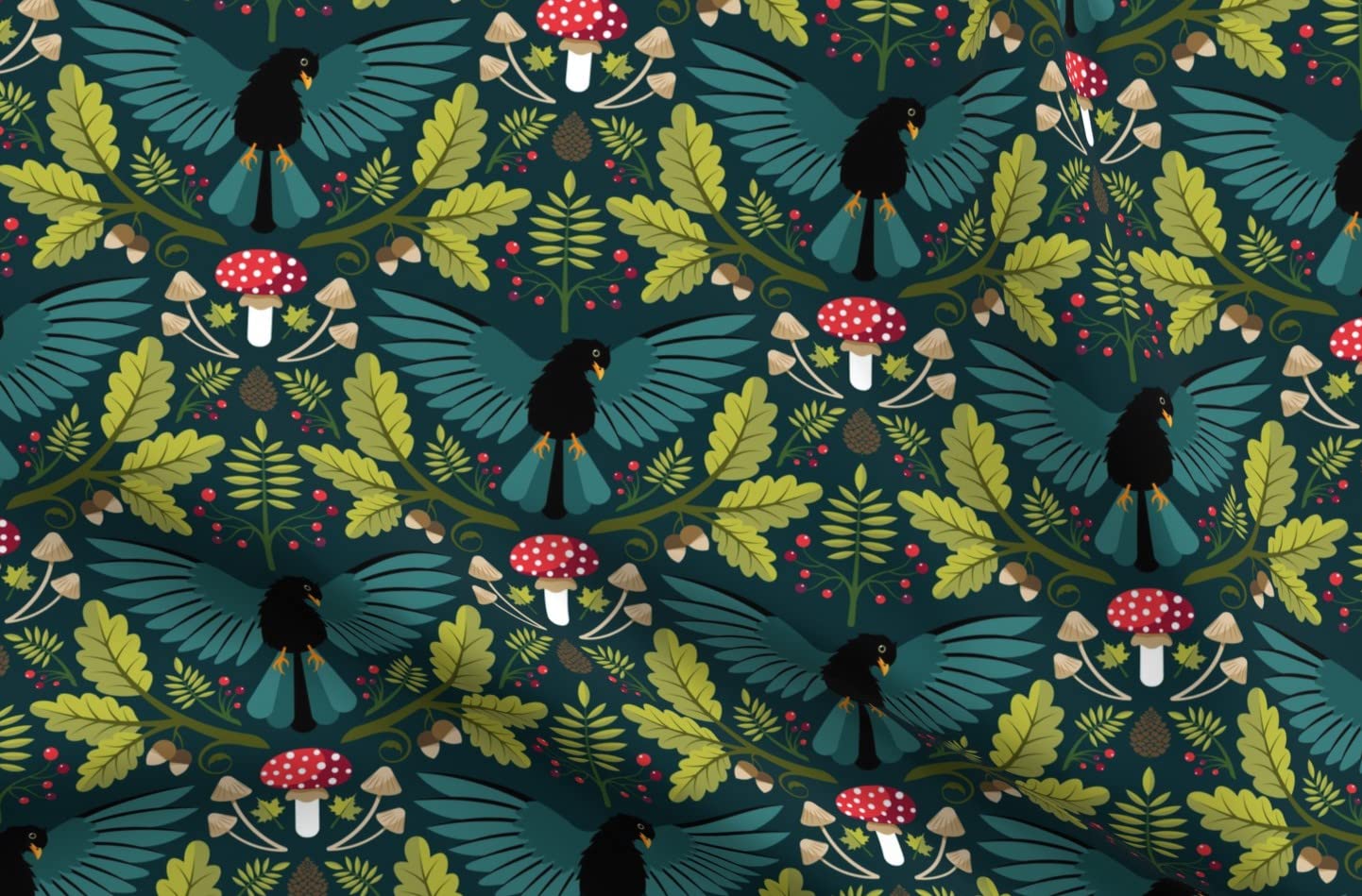 Mushroom and Blackbird Printed Satin Fabric Fat Quarter - Premium Sewing Material for Apparel, Lining, Fashion, Blankets & Home Decor - DIY Craft Projects & Quilting