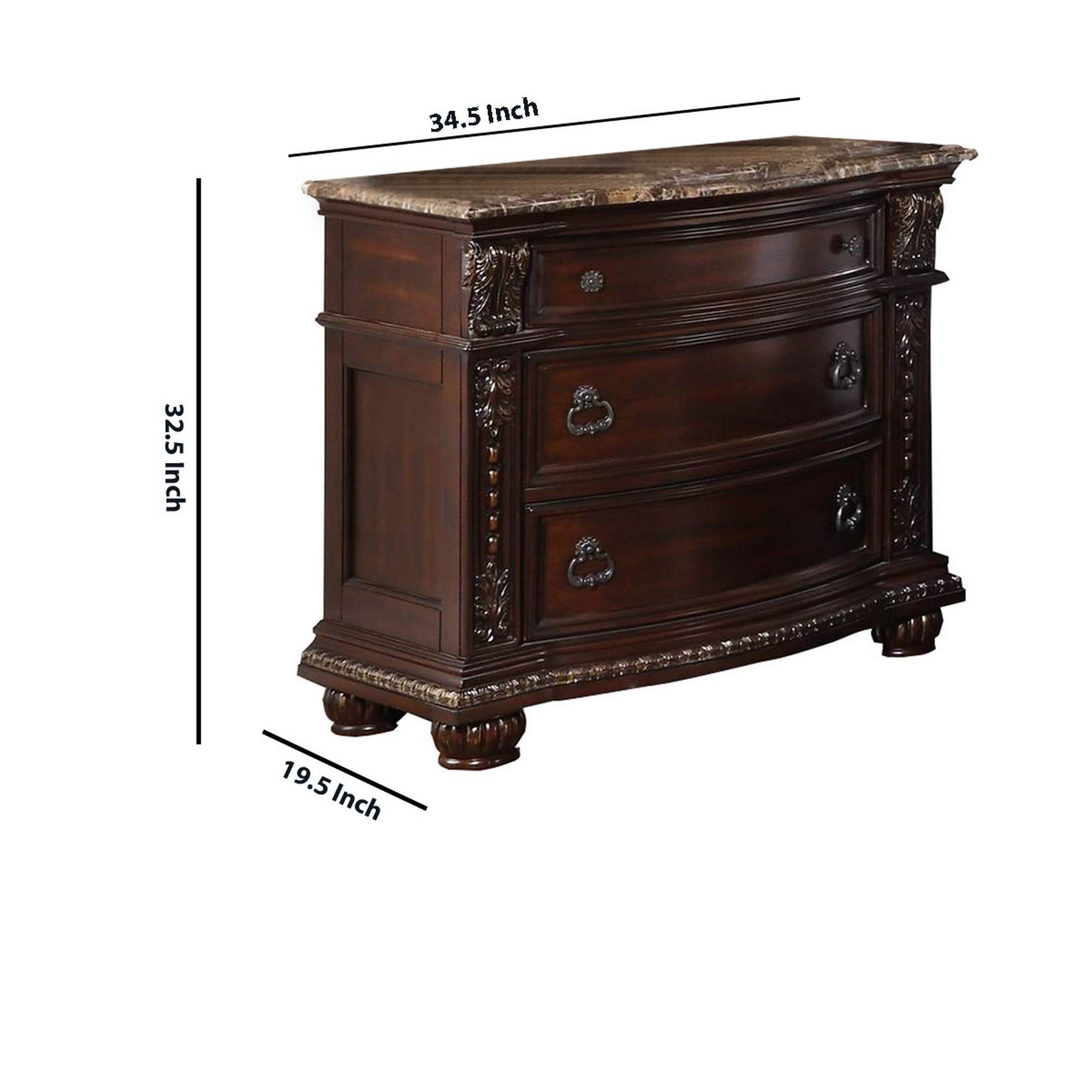 Benjara European Style Nightstand with 3 Drawers & Marble Top - Brown Wooden Bedside Table for Bedroom, Living Room, or Office Storage