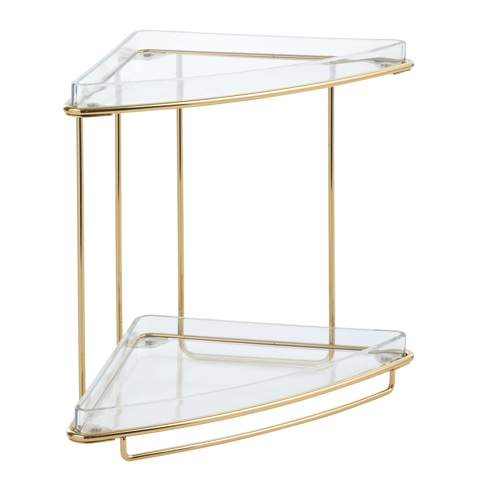 2-Tier Freestanding Corner Shelf Organizer - Steel/Plastic Bathroom Storage for Makeup, Bath Gel & Toiletries - Clear/Soft Brass Prism Collection - Perfect for Vanity, Cabinet & Countertop Organization
