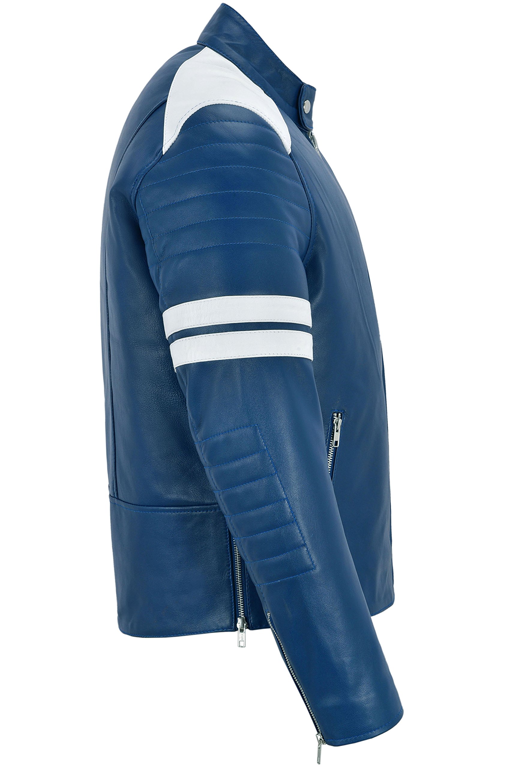 Men's Mayhem Genuine Leather Biker Jacket - Blue & White Stripe Motorcycle Style for Riding & Casual Wear