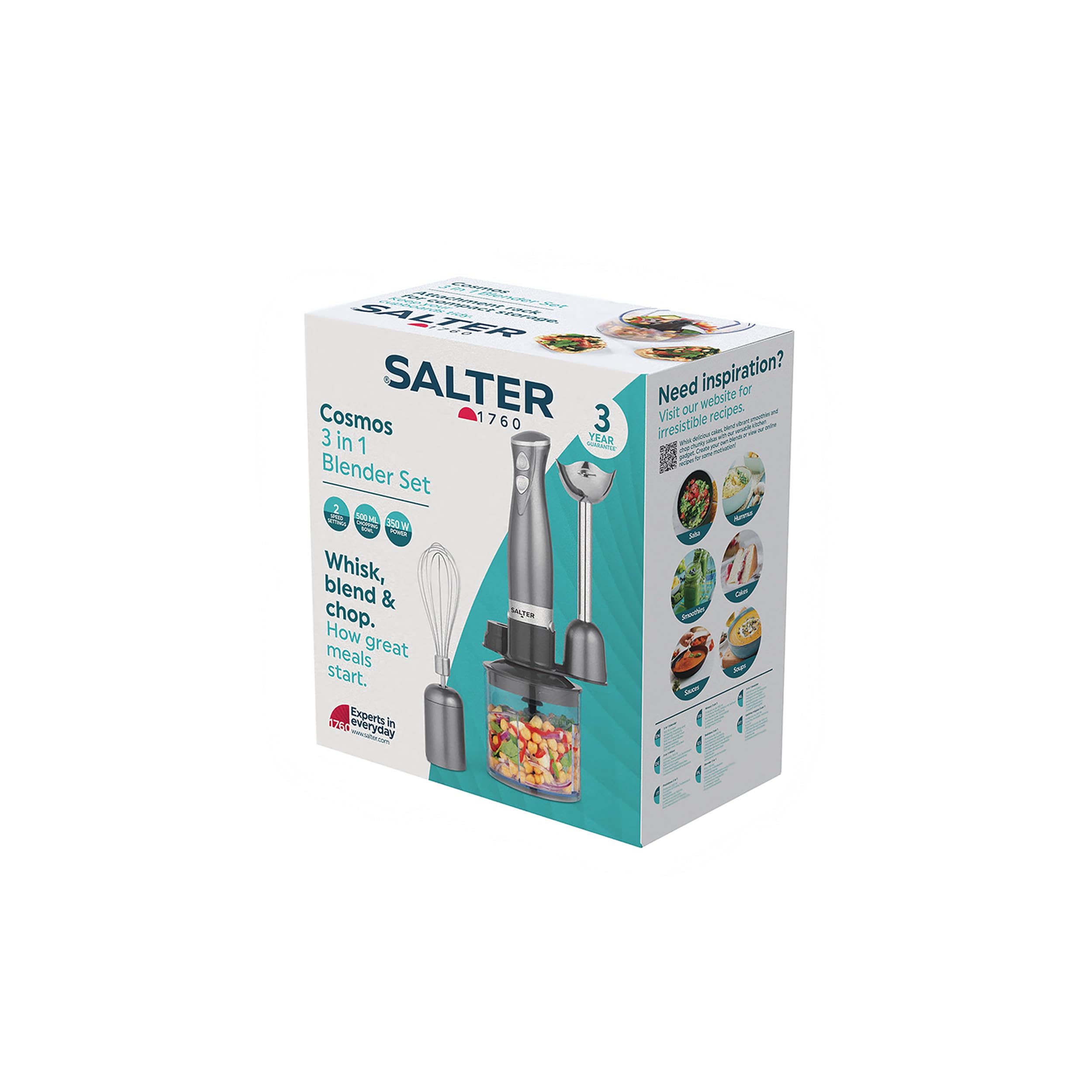 Salter Cosmos 3-in-1 Hand Blender - 350W Immersion Blender with Whisk, Chopper & Food Processor Attachments, 500ml Stainless Steel Bowl, 2 Speed Settings for Smoothies, Soups & Meal Prep - EK2827GUNMETAL