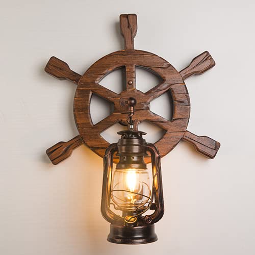 Vintage Solid Wood Distressed Wall Lamp with Light Transmission Glass Shade - Rustic Retro Lighting for Living Room, Bar, Cafe & Hallway - Creative Rudder Design Ambient Light Fixture for Home Decor & Commercial Spaces