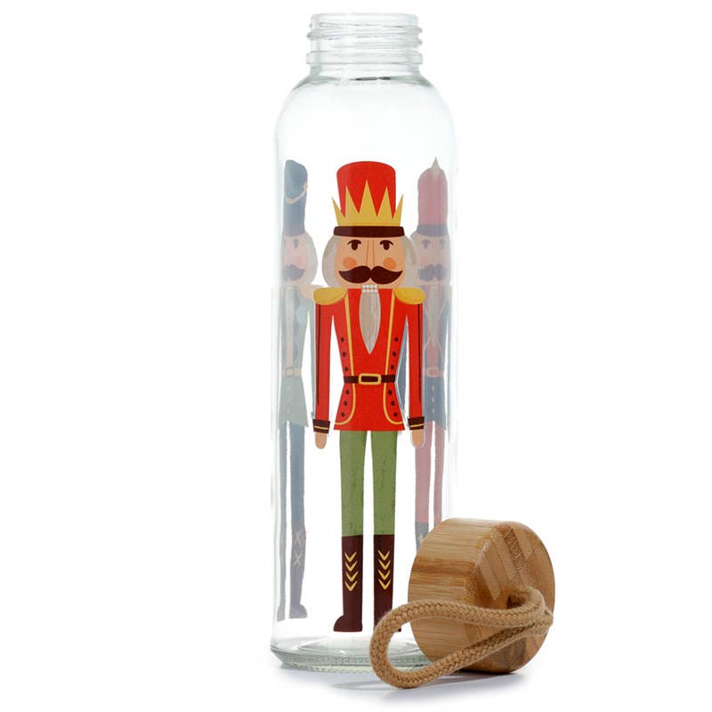 Christmas Nutcracker Glass Bottle with Bamboo Lid - Holiday Themed Decorative Water Bottle for Festive Parties, Home Decor & Gift Giving
