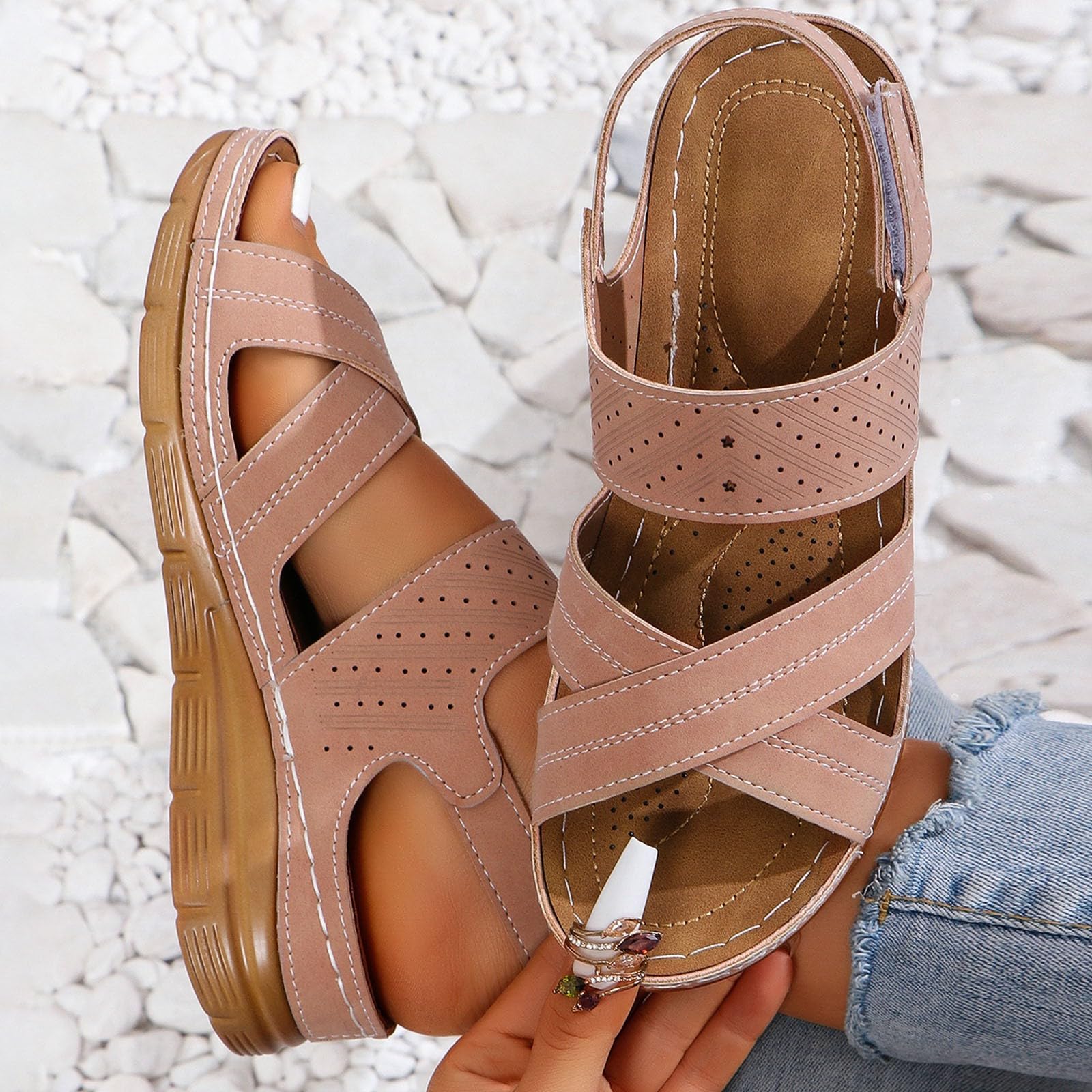 TUQIDEWU Women's Wedge Sandals with Arch Support - Dressy Bohemian Open Toe Cross Strap Comfort Sandals for Summer | Perfect for Beach Vacations, Date Nights & Outdoor Weddings