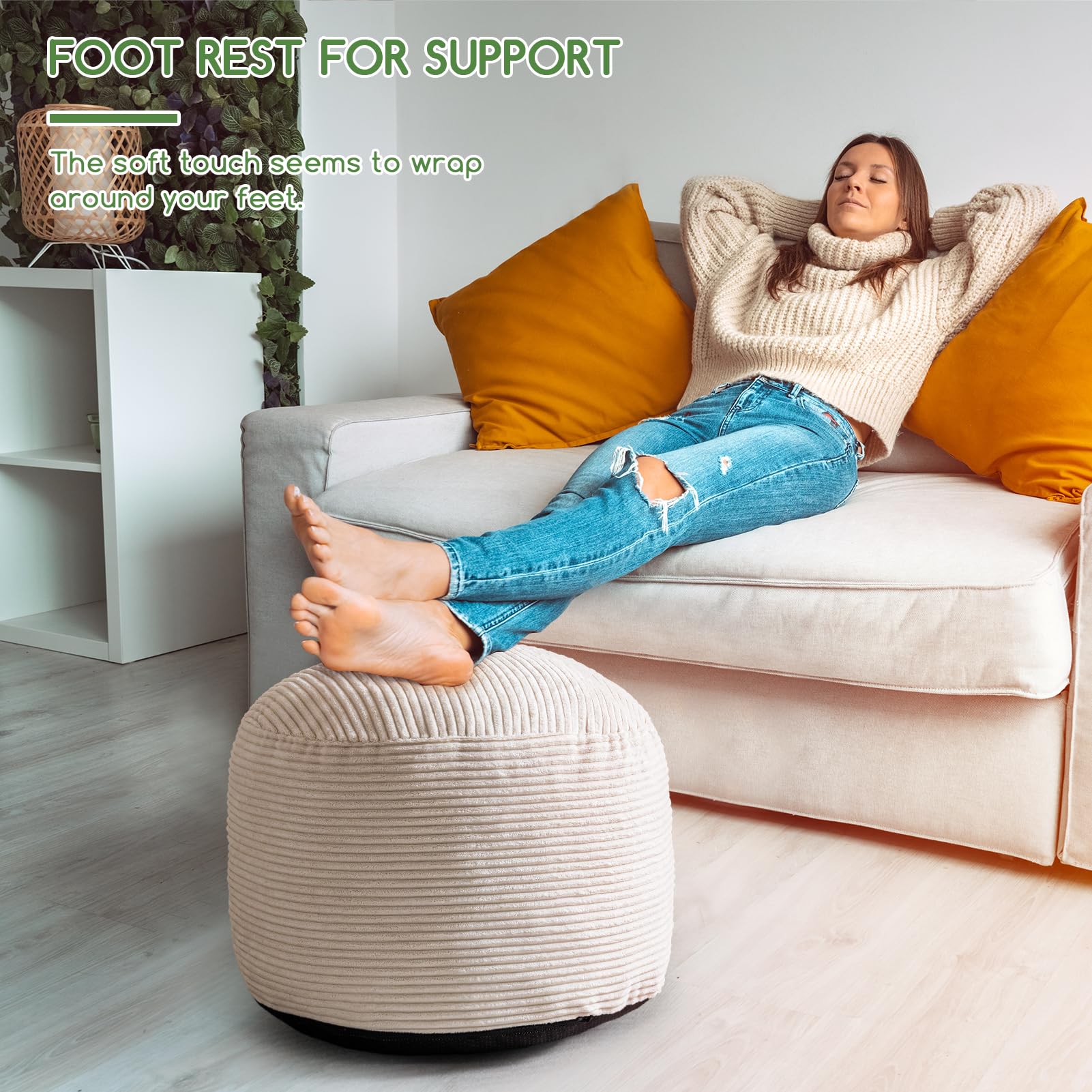 MAXYOYO Round Stuffed Pouf Ottoman - Corduroy Foam Filled Footrest, 20 x 15 Inches, Beige - Perfect for Living Room, Bedroom & Nursery Decor