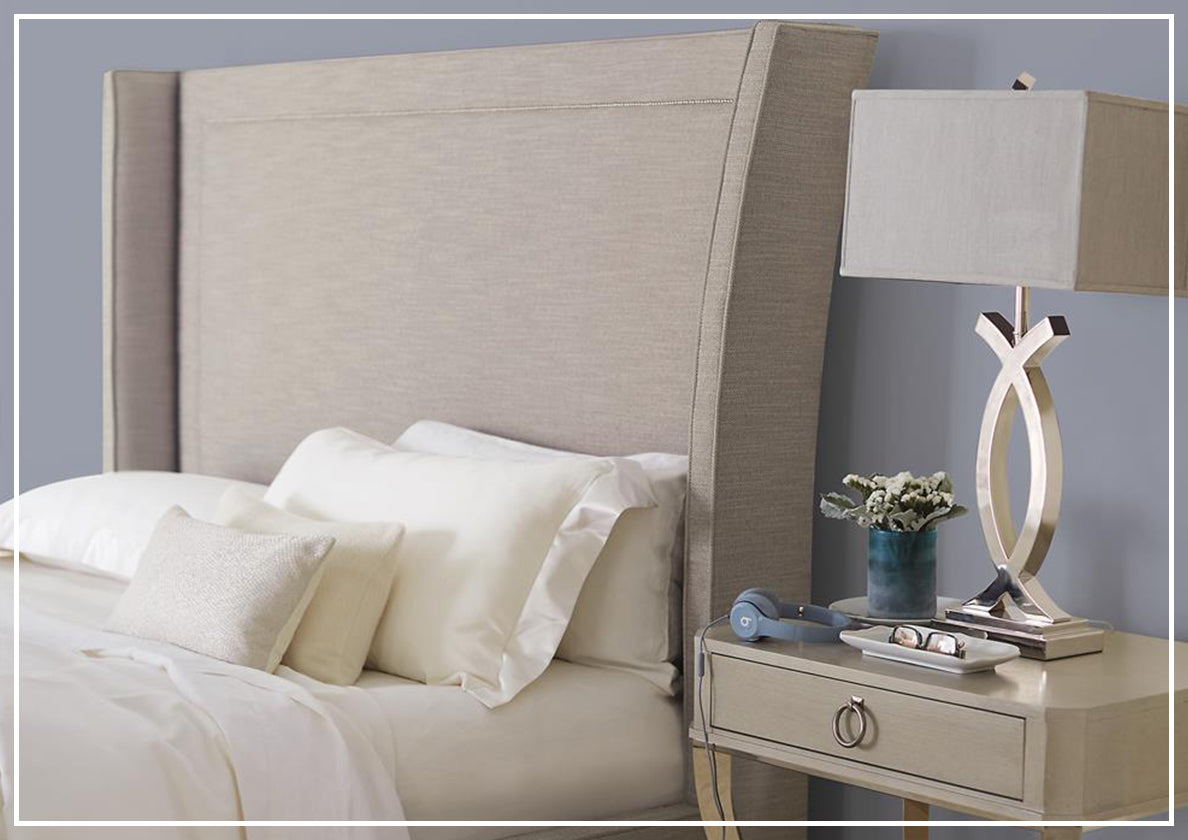 Bernhardt Criteria Shelter Olive Grey Upholstered King Size Bed Frame - Luxurious Modern Bedroom Furniture for Master Suite & Guest Room Decor