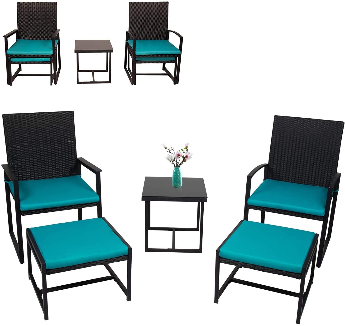 Kinbor 5-Piece PE Rattan Outdoor Patio Furniture Set with Cushions - Wicker Chairs, Ottoman & Glass Coffee Table Conversation Set for Poolside, Garden, Balcony, Porch (Blue) | Durable Weather-Resistant Patio Seating for Outdoor Relaxation & Entertaining