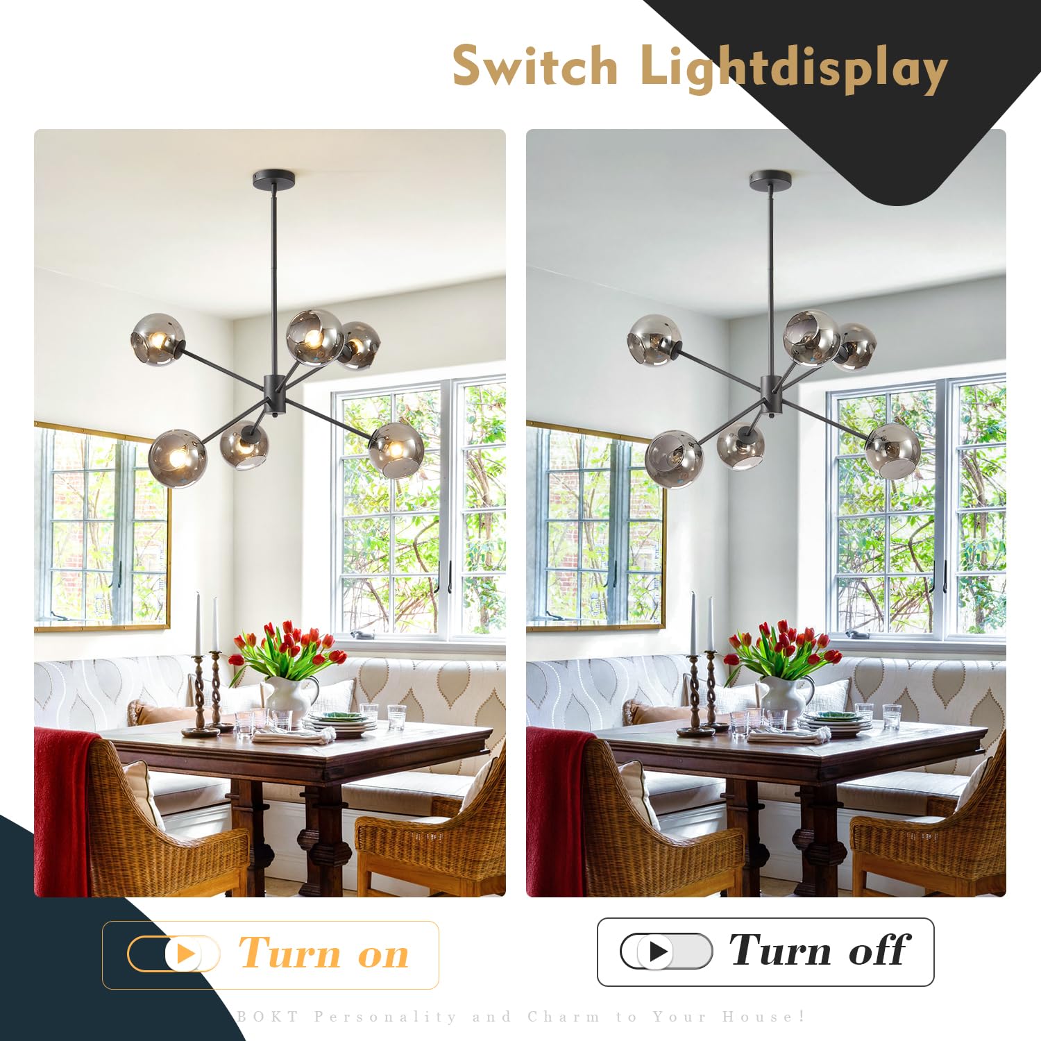 BOKT 6-Light Modern Glass Globe Sputnik Chandelier - Mid Century Matte Black Adjustable Pendant Light Fixture with Vintage Smoke Gray Balls - Perfect for Kitchen, Dining Room, Living Room & Bedroom Lighting