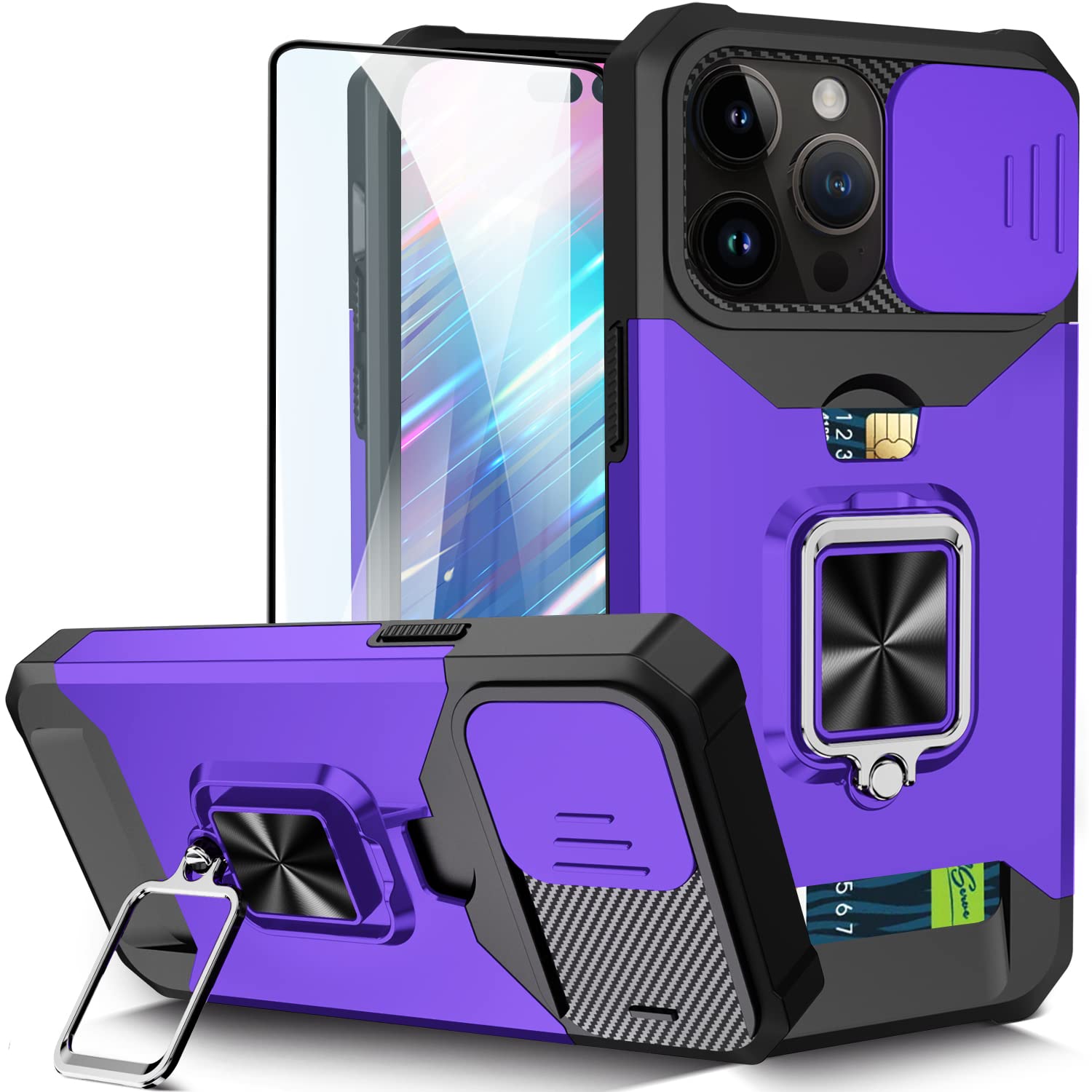 Military Shockproof iPhone 14 Pro Case with HD Screen Protector, Sliding Camera Cover & Card Holder - Purple Full Body Protective Phone Cover with Ring Kickstand | Perfect for Outdoor Activities, Travel & Daily Use