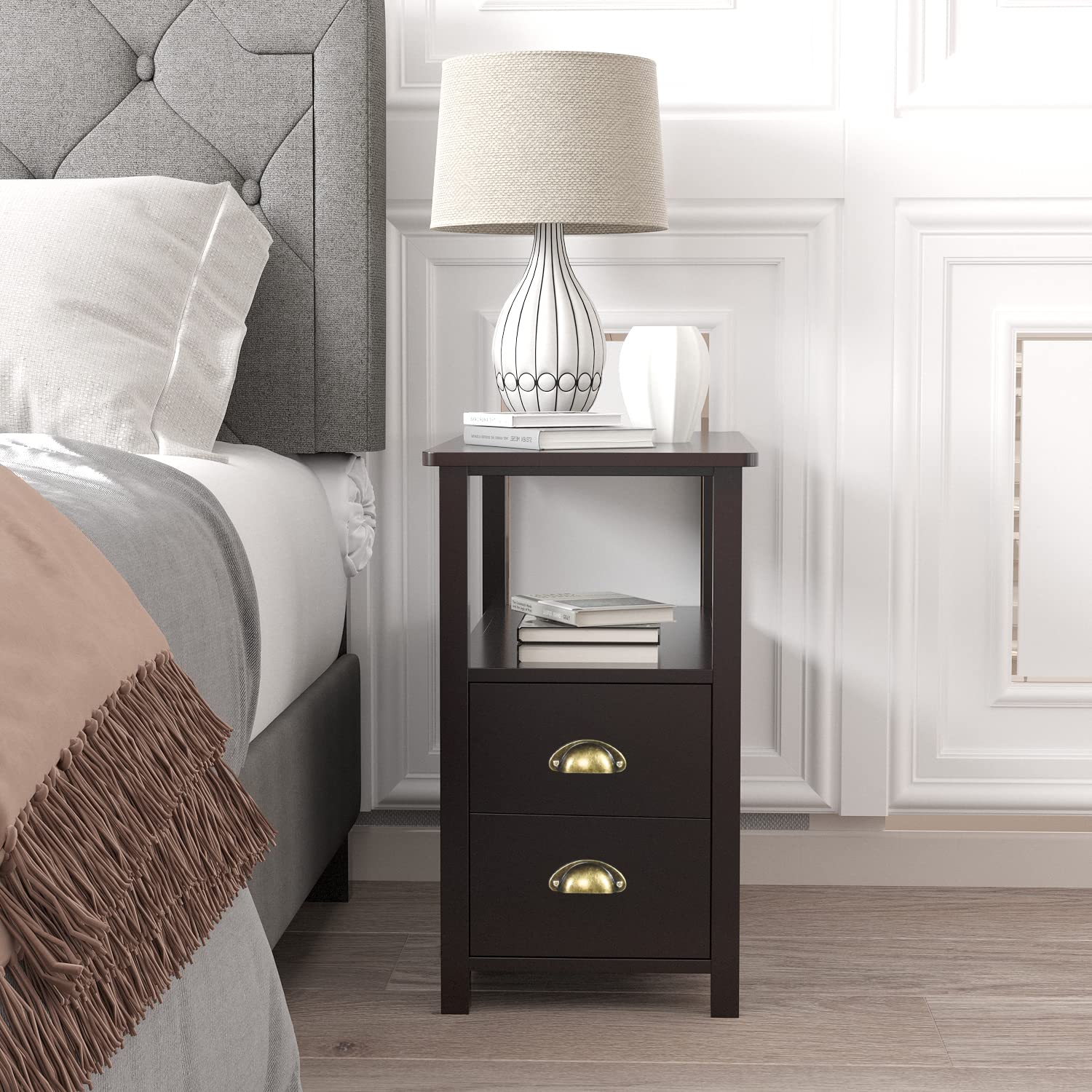 4 EVER WINNER Narrow End Table - Small Side Table for Living Room, Bedroom Nightstand with Drawer - Space Saving Furniture for Apartments - Espresso Finish - Perfect for Small Spaces, Studio Apartments & Cozy Corners