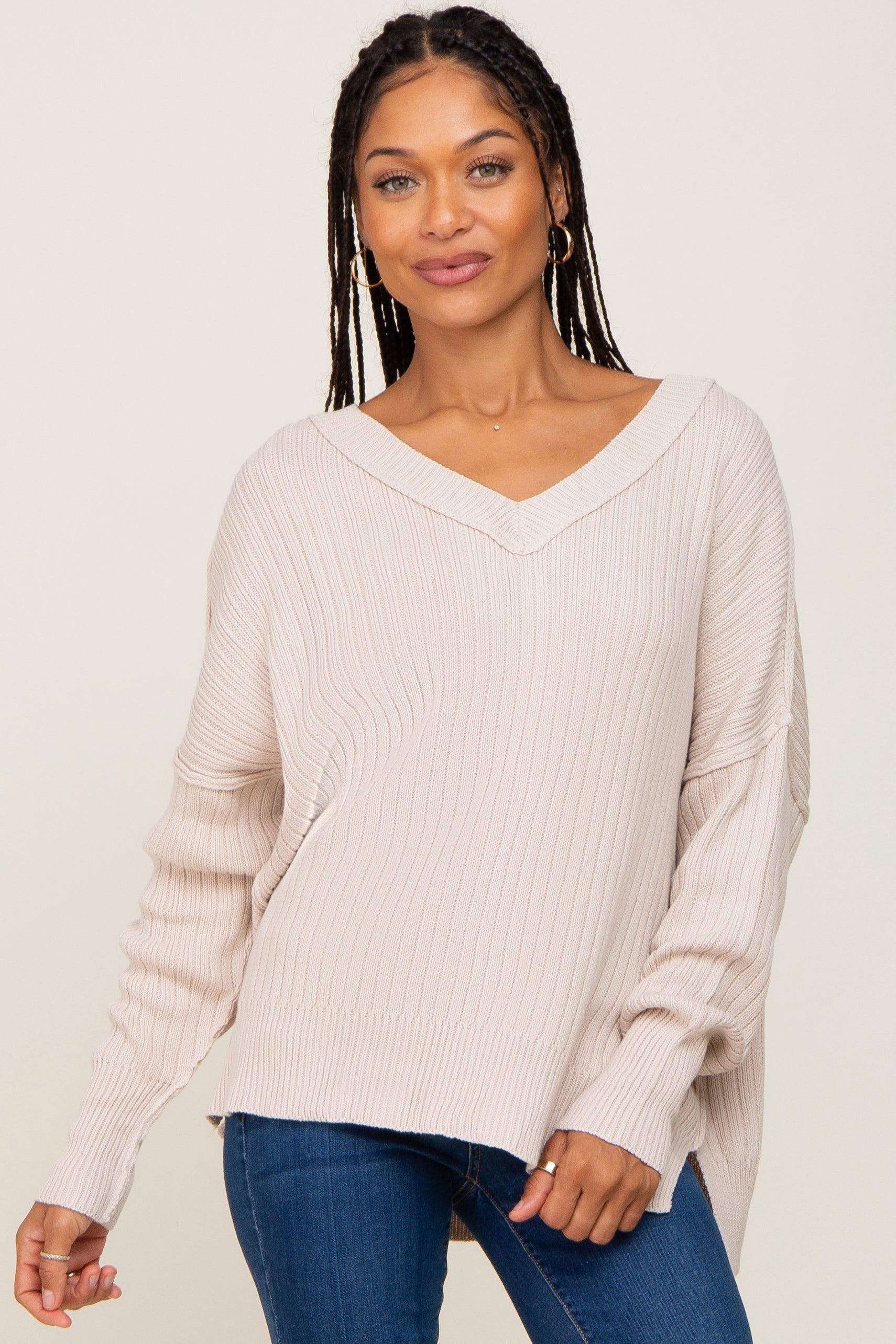 Beige V-Neck Oversized Maternity Sweater for Women - Soft & Comfortable Pregnancy Top for Casual Wear & Nursing - Perfect for Work, Dates and Relaxing at Home