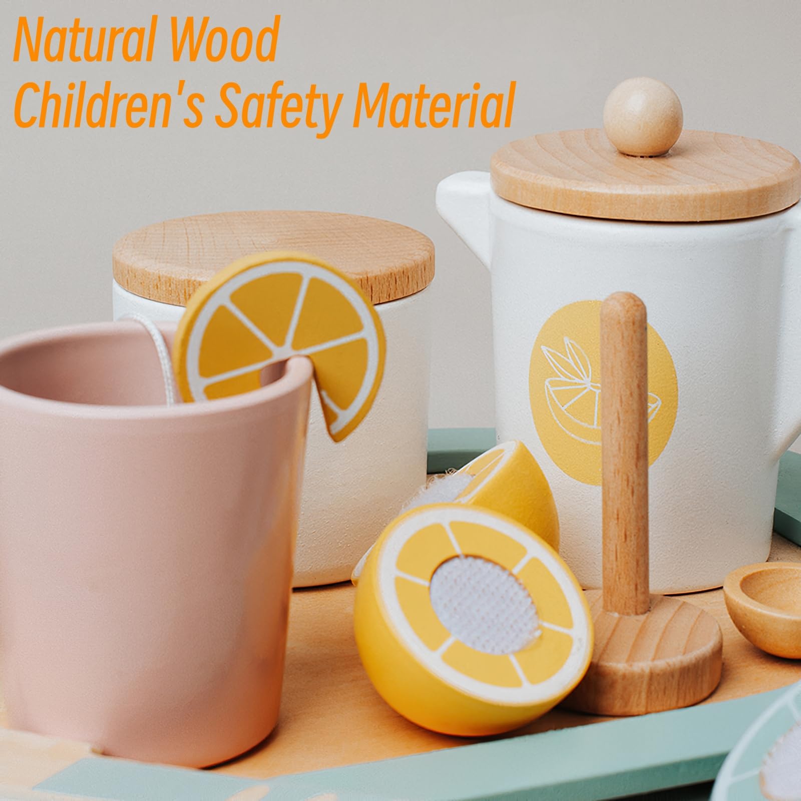 Wooden Tea Party Set for Kids - Pretend Play Toy Tea Set for Toddlers & Little Girls, Wooden Play Food & Kitchen Accessories (Lemon Tea) - Perfect for Birthday Gifts, Pretend Playtime & Early Learning Activities