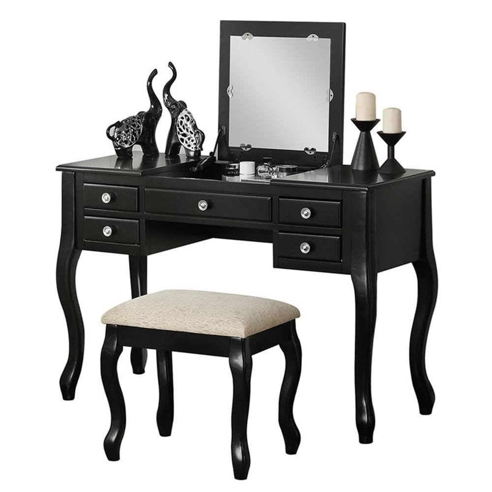 BOWERY HILL Black Wooden Vanity Set with Stool and Mirror - Elegant Dressing Table for Bedroom, Bathroom & Makeup Area - Perfect for Home Decor & Vanity Organization