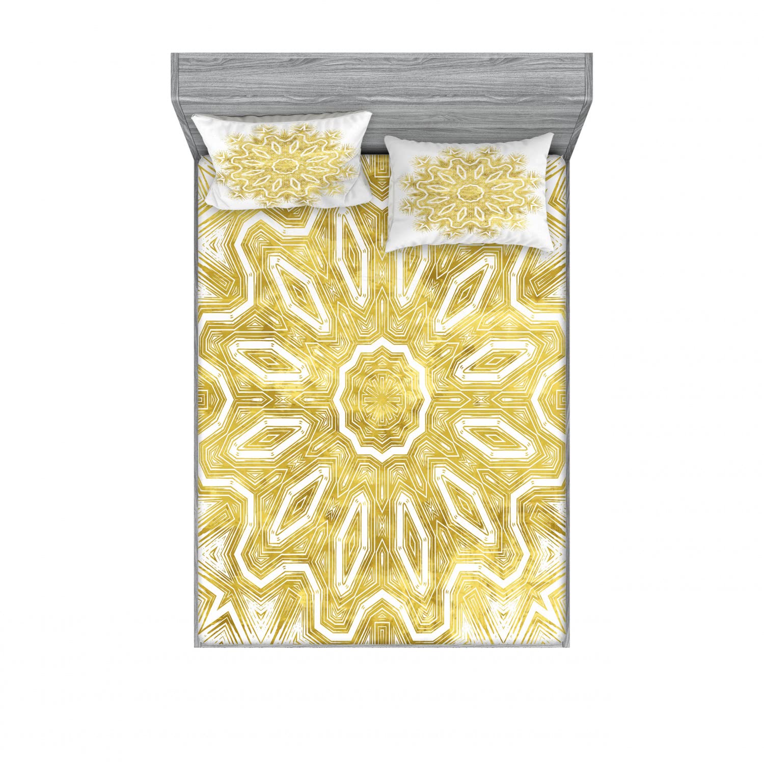 Ambesonne 2-Pack Queen Size Fitted Sheet Set with 4 Pillow Shams - Modern Oriental Mandala Pattern Bedding in Pale Yellow & White - Soft Wrinkle-Resistant Fabric for Master Bedroom, Guest Room or Dorm Decor