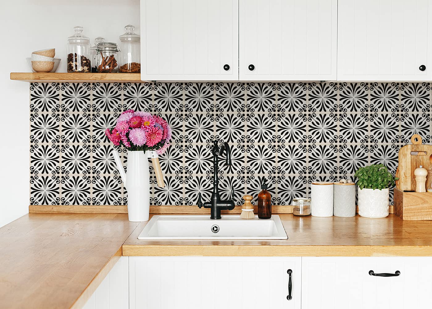 Mi Alma Black and White Peel and Stick Tile Stickers - 24PC Self-Adhesive Backsplash Decals for Kitchen & Bathroom - 8x8 Inch Vinyl Wall Tiles (Victoria Collection) - Easy Home Decor Upgrade for Modern Farmhouse or Apartment Renovation