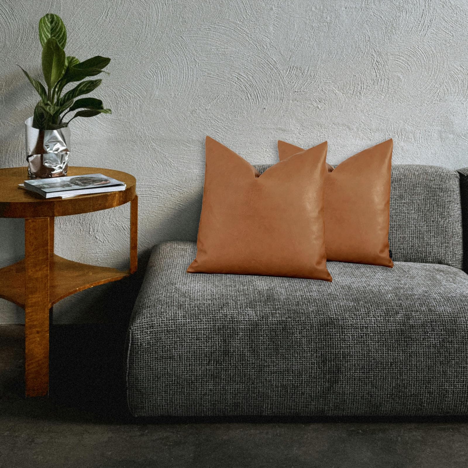 2 Pack Thick Faux Leather Throw Pillow Covers 20x20 Inches - Modern Solid Decorative Farmhouse Pillow Cases for Couch, Sofa, Bedroom & Living Room - Cognac Brown - Perfect for Home Decor, Accent Pillows & Cozy Interior Styling