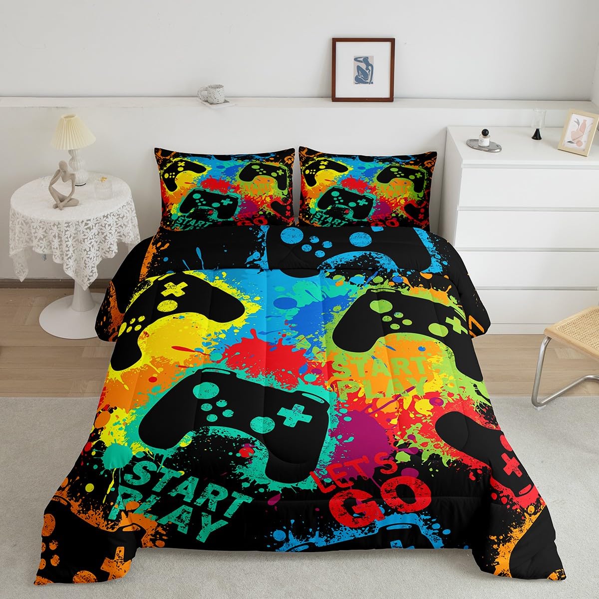 Erosebridal Girls & Boys Full Bedding Set - Gaming Comforter Set for Toddlers & Kids, Watercolor Gamer Bedding Collection | Perfect for Kids' Bedrooms, Sleepovers & Gaming Themed Rooms