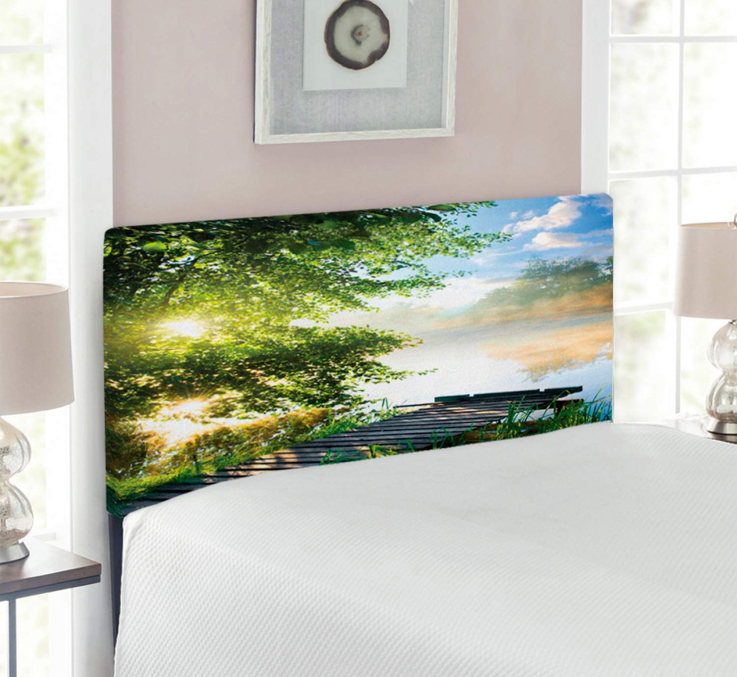 Ambesonne Upholstered Twin Size Headboard - Fishing Pier by River Morning Landscape with Clouds & Trees, Memory Foam Decorative Metal Bed Frame in Green Blue White | Perfect for Coastal, Nature-Inspired & Modern Bedroom Decor