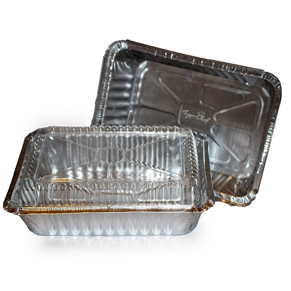 Tiger Chef 8.44 x 5.89 x 1.8 Inch Aluminum Foil Pans with Clear Dome Lids - 2.25 lb Capacity, Durable Takeout Containers for Food Storage, Baking, Meal Prep & Party Serving - Pack of 500