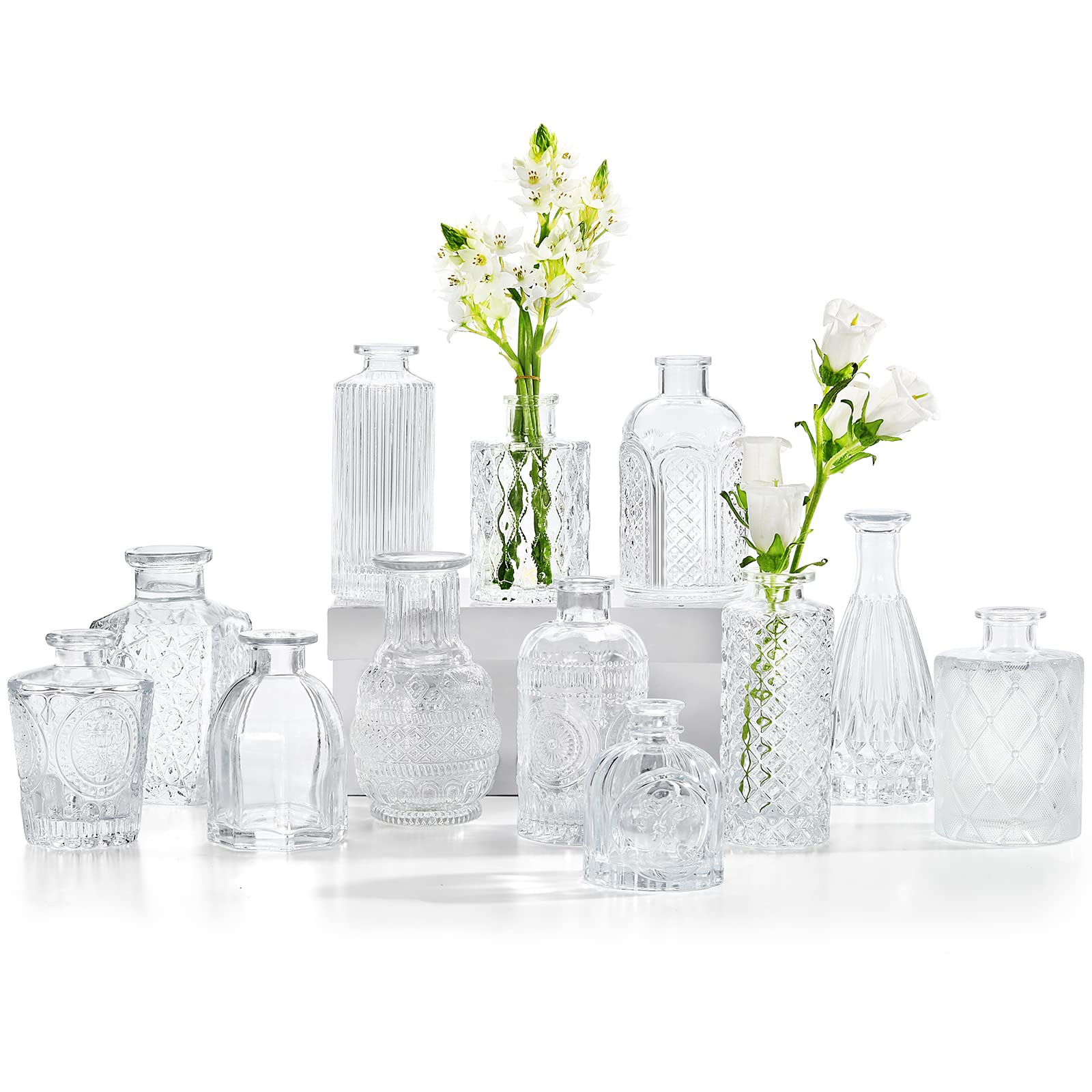 12 Pack Clear Glass Bud Vases - Small Flower Vases for Wedding Centerpieces, Rustic Home Decor & Table Arrangements - Perfect for DIY Floral Displays, Party Decorations and Gift Packaging