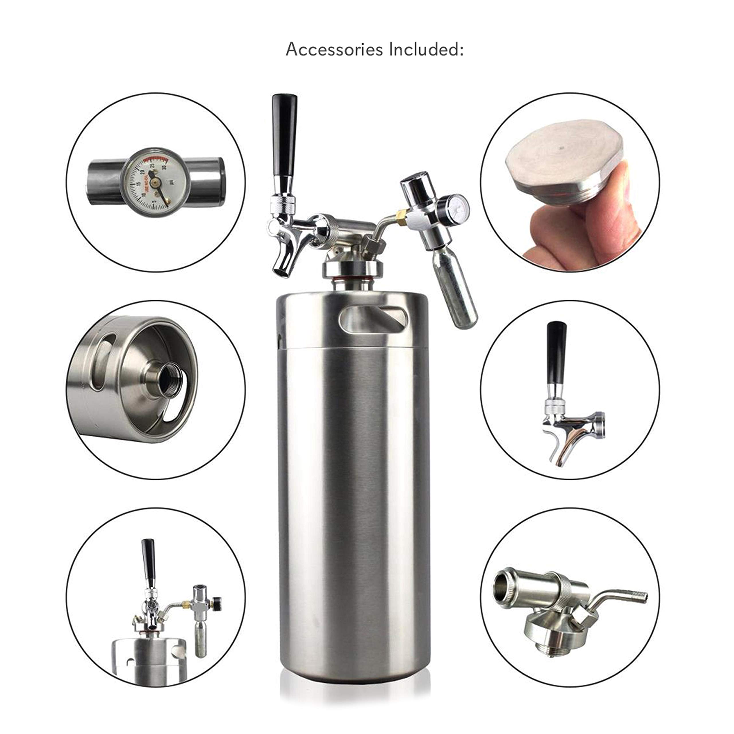 NutriChef 128oz Pressurized Growler Tap System - Stainless Steel Homebrew Mini Keg Dispenser with CO2 Regulator for Craft Beer, Draft Beer - Perfect for Home Brewing, Parties, Camping & Outdoor Events