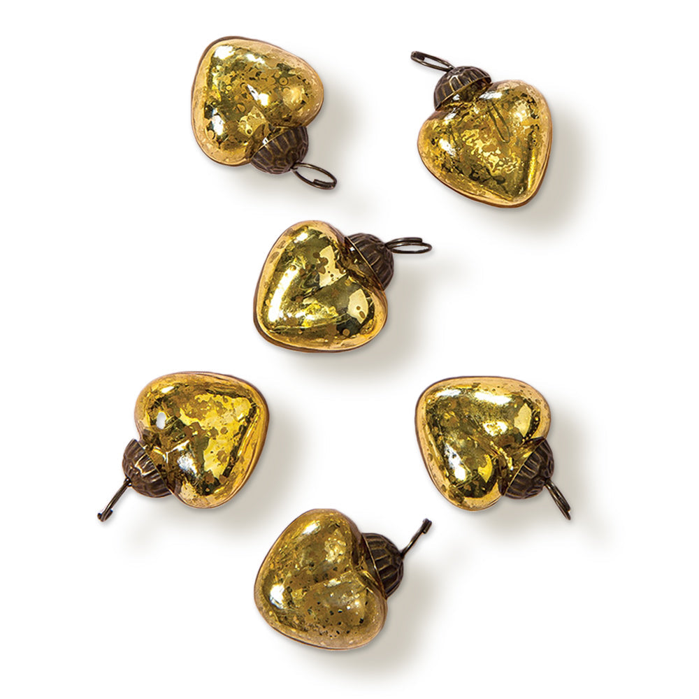 6 Pack Gold Cora Mercury Glass Heart Ornaments - Elegant Christmas Tree Decorations for Holiday, Wedding, Party & Home Décor