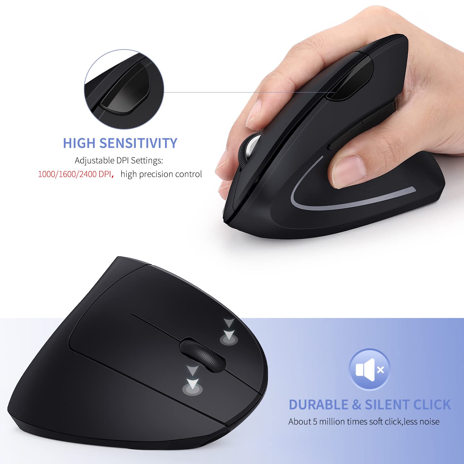 ZYTUA Ergonomic Bluetooth & 2.4GHz Wireless Rechargeable Vertical Mouse - Comfortable for PC, Laptop, MacBook - Perfect for Office Work, Gaming & Long Computing Sessions