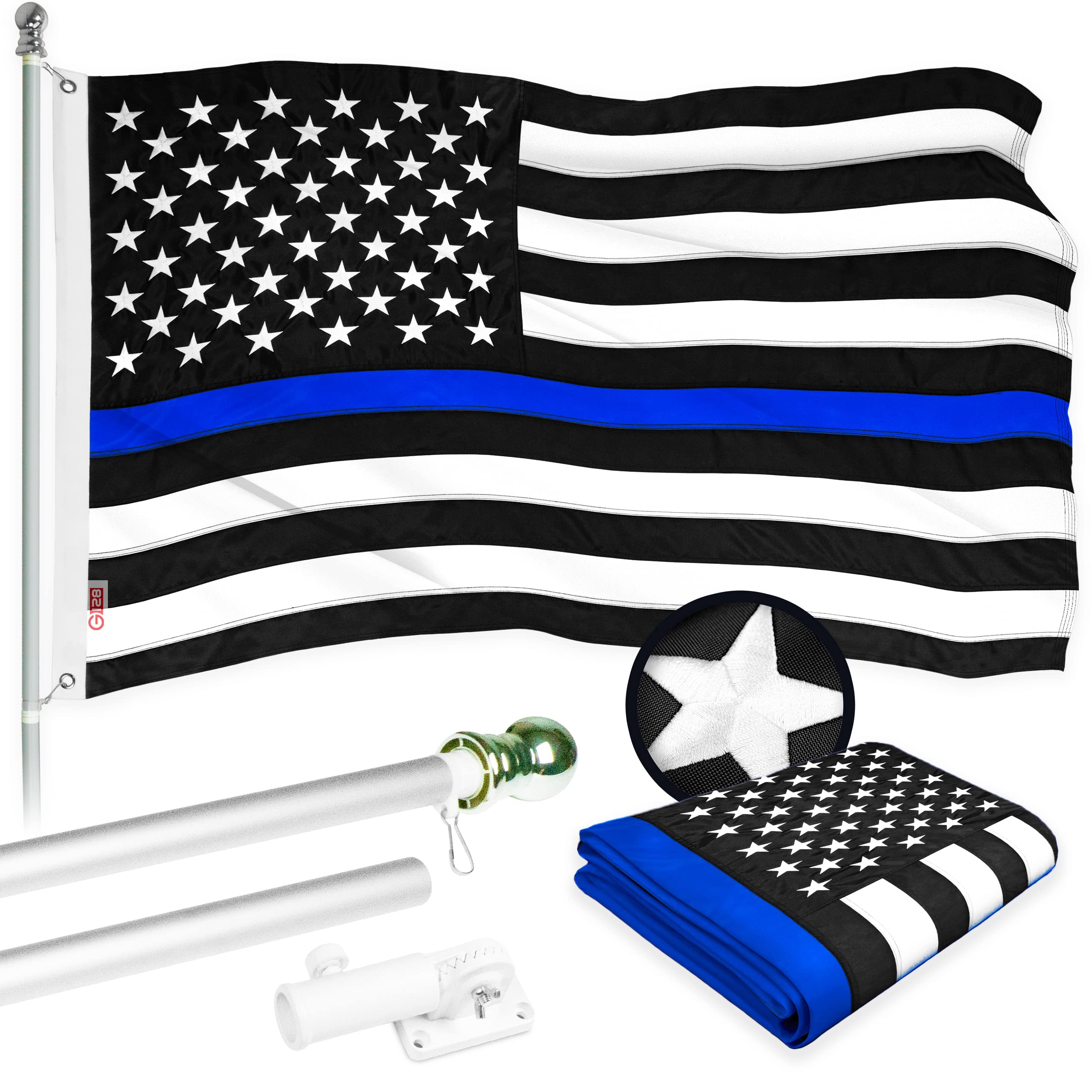 5FT Spinning Flagpole with Thin Blue Line Flag - 2x3FT Embroidered Flag & Brass Grommets - Silver Aluminum Flag Pole for Police Support, Backyard, Garden, and Patriotic Displays