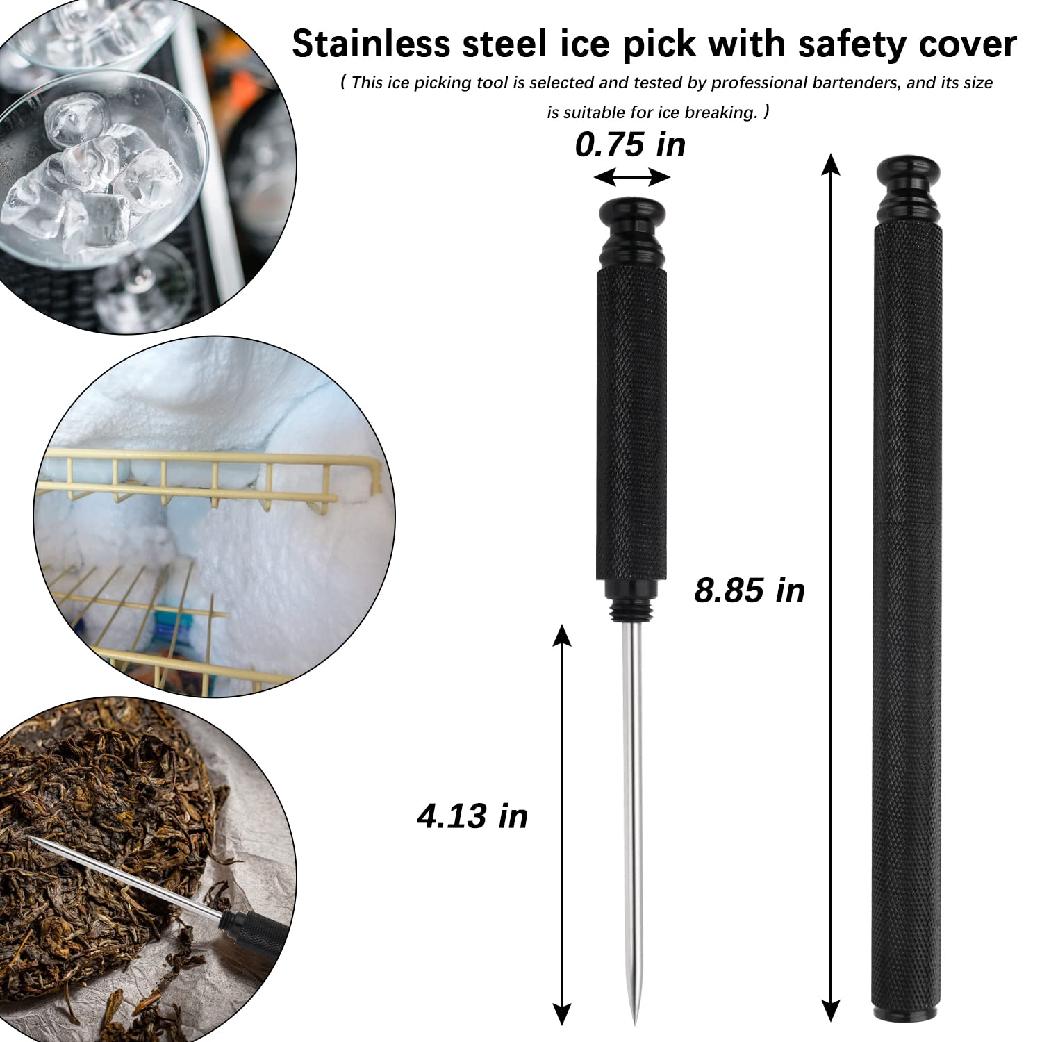 Premium Stainless Steel Ice Pick with Safety Cover - Heavy Duty Bar Tool for Crushing Ice, Chiseling Ice Cubes - Non-Slip Handle (Black) - Perfect for Cocktails, Bartending, and Home Kitchen Use