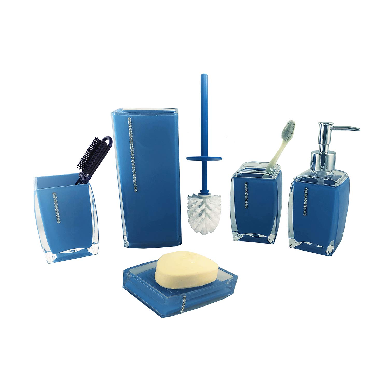 Premium 7-Piece Bathroom Set with Soap Dispenser & Toothbrush Holder - Modern Blue Vanity Organizer for Home, Hotel, or Spa Decor | Space-Saving Storage Solution for Countertops