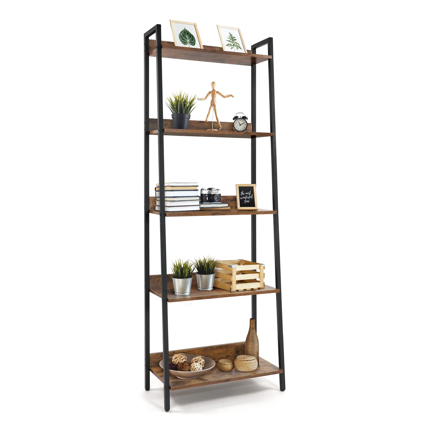 CAPHAUS 5-Tier Ladder Bookshelf - 24 Inch Wide Free Standing Bookcase, Industrial Rustic Oak Vintage Shelf for Home Office, Living Room & Kitchen Storage - Perfect for Organizing Books, Decor & Essentials