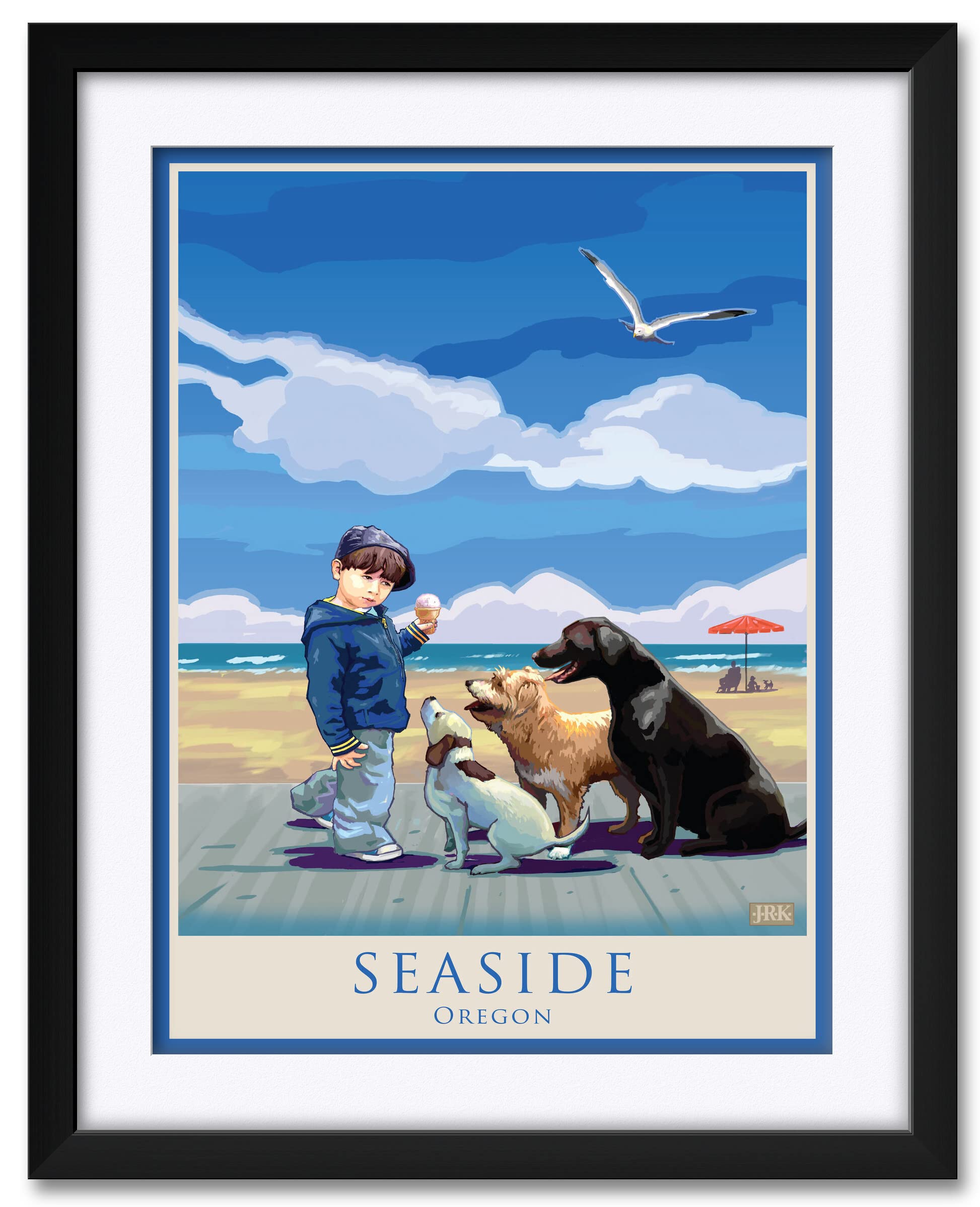 Seaside Oregon Dog Art Print - Professionally Framed & Matted 24