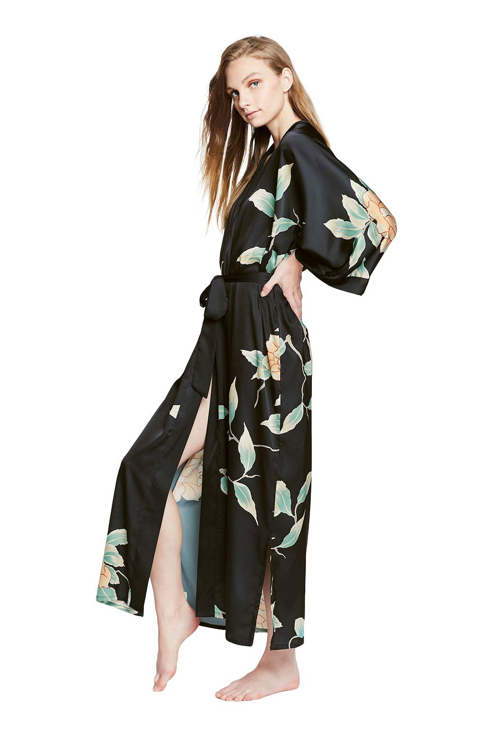 KIM+ONO Women's Charmeuse Kimono Robe Long - Watercolor Floral Print Silk Robe for Spa, Bridal Shower & Loungewear
