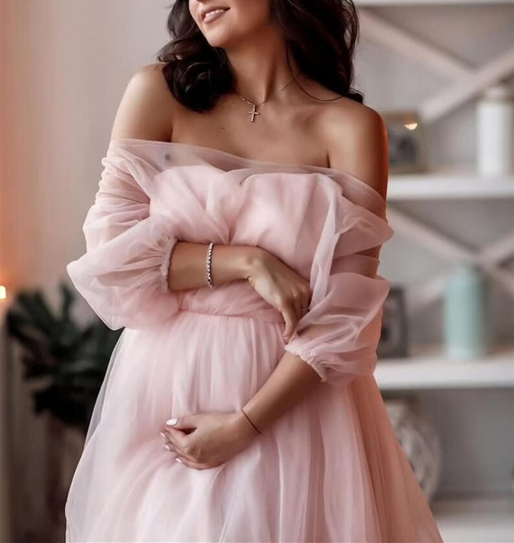 Maternity Tulle Bathrobe for Photoshoot - Off Shoulder Sweetheart Dressing Gown for Pregnancy, Birthday & Bridal Shower - Soft Loungewear for Moms-to-Be, Photo Sessions & Special Occasions