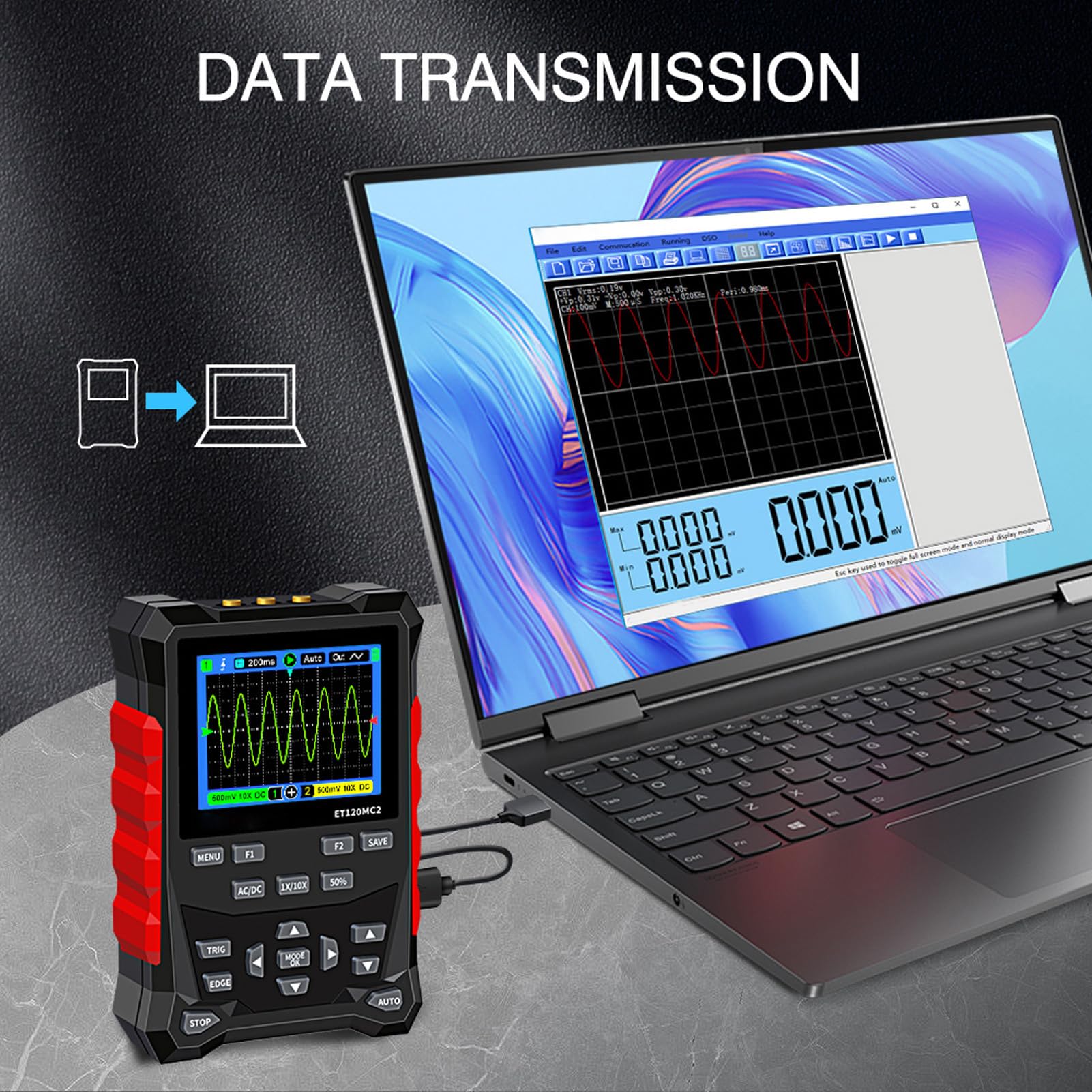 ET120MC2 Digital Oscilloscope - Portable Handheld Tablet Oscilloscope with 2 Channels & LCD Display, Standard Decoder - Ideal for Electronics Repair, DIY Projects, and Engineering Education