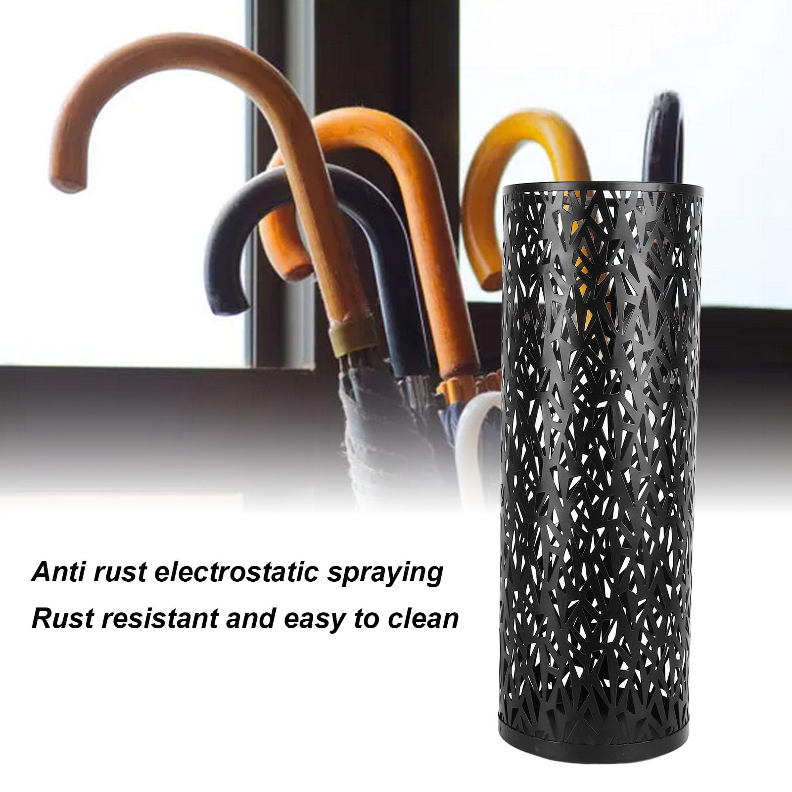 Metal Freestanding Umbrella Stand Holder for Entryway - Hollow Round Design for Home, Hotel & Office - Compact Black Umbrella Organizer Bin - Perfect for Rainy Days & Wet Umbrellas