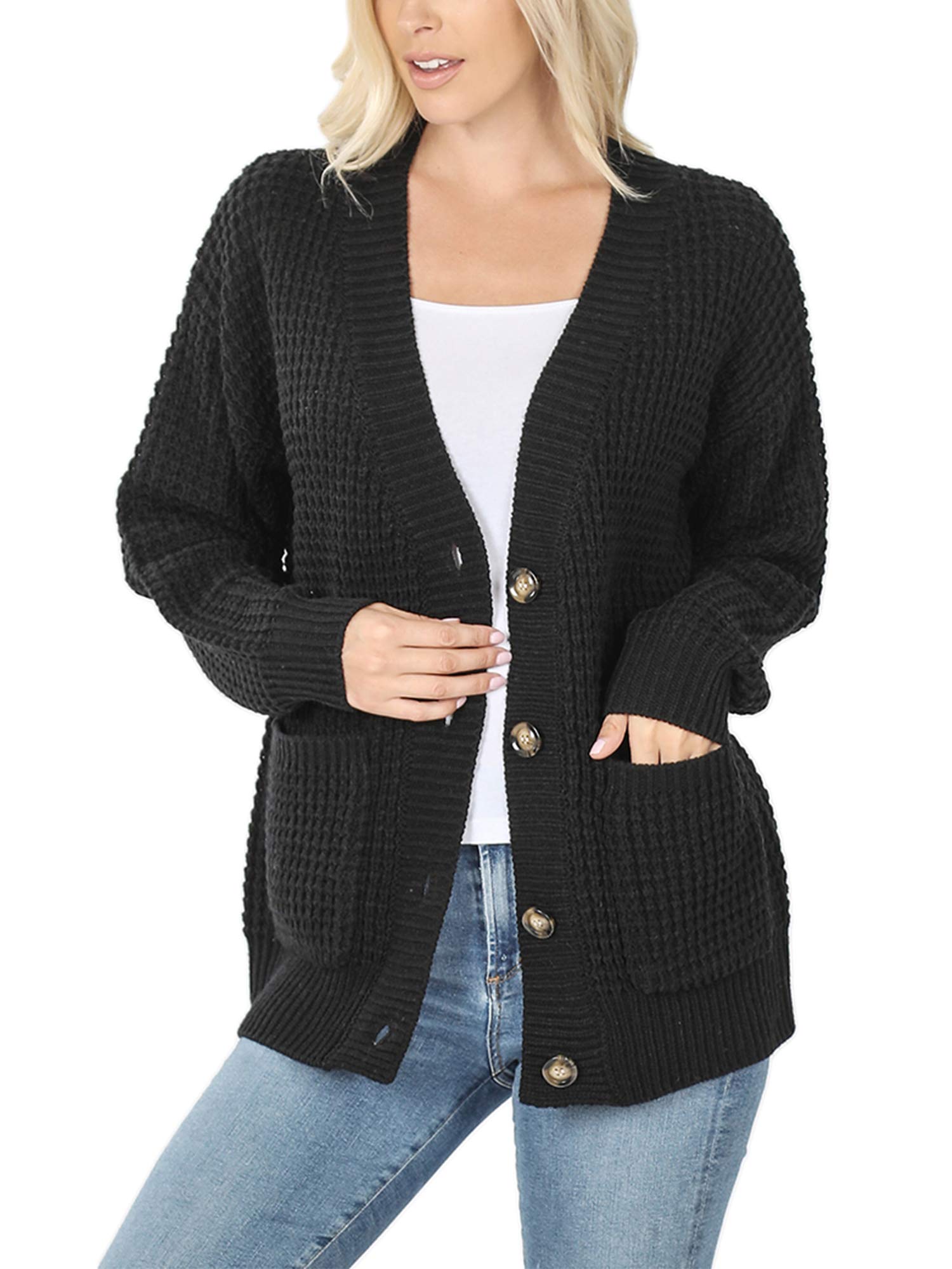 KOGMO Women's Waffle Knit Button Front Cardigan with Pockets | Cozy Long Sleeve Open Front Sweater | Perfect for Fall Winter Outfits, Office Wear & Casual Layering