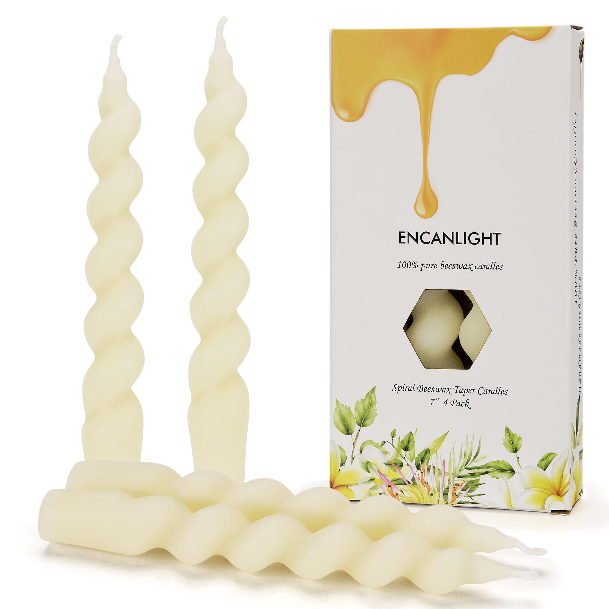 7 Inch Spiral Beeswax Taper Candles - 4 Pack Unscented Smokeless Twisted Candlesticks for Home Decor, Wedding Centerpieces & Romantic Dinner Lighting | Natural Bees Wax Tapers for Parties, Holidays & Special Occasions