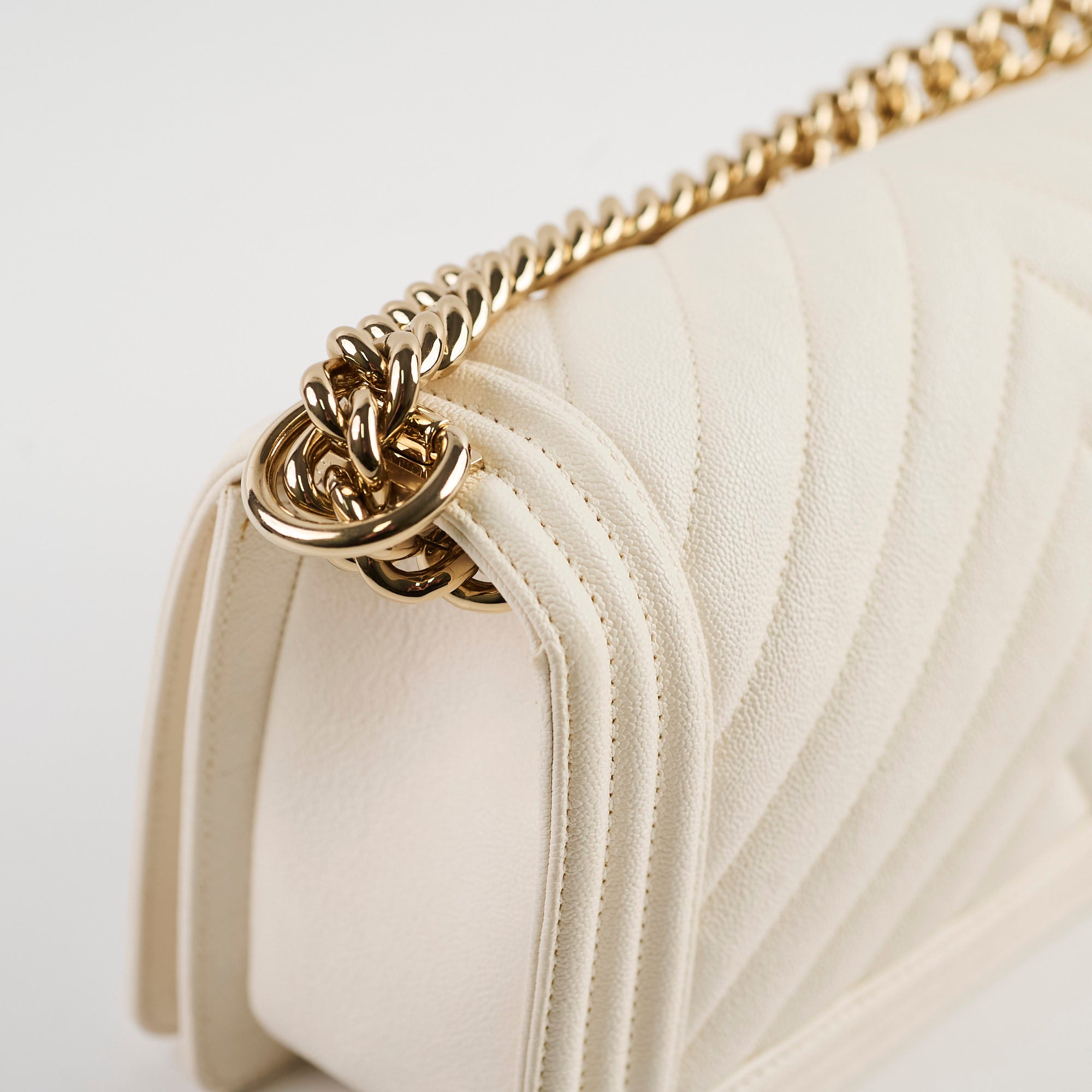 Chanel Old Medium Boy Chevron White Caviar Leather Handbag - Series 29 | Luxury Designer Crossbody Bag for Women, Perfect for Date Night & Special Occasions