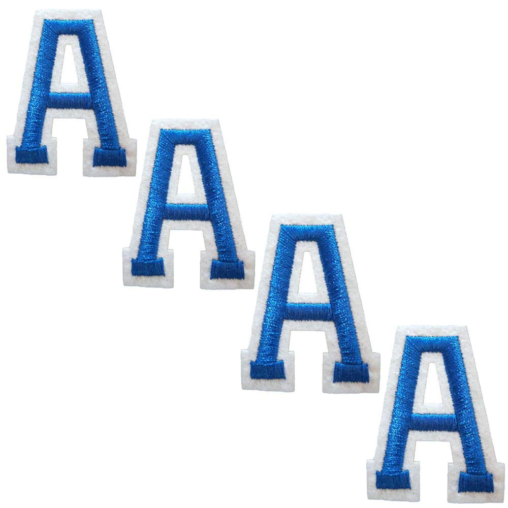 DOngRWF A-Z 4 Pieces Iron On Letters Patches - Embroidered Sew On Adhesive Decorative Repair Patches for Shoes, Hats, Bags & Clothing (Blue, A-4 Pieces) - Perfect for DIY Customization, Costume Design & Fashion Upcycling Projects