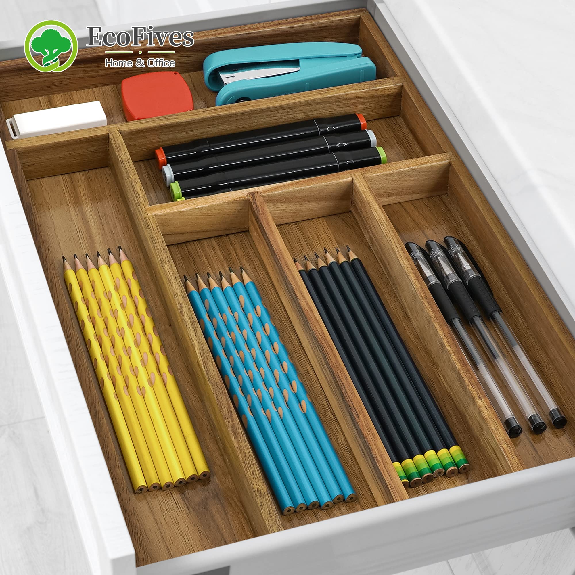 Premium Acacia Wood Kitchen Drawer Organizer - 6 Slot Silverware & Utensil Tray with Adjustable Dividers for Knives, Forks, Spoons | Perfect for Home Kitchen Organization & Dining Table Setting