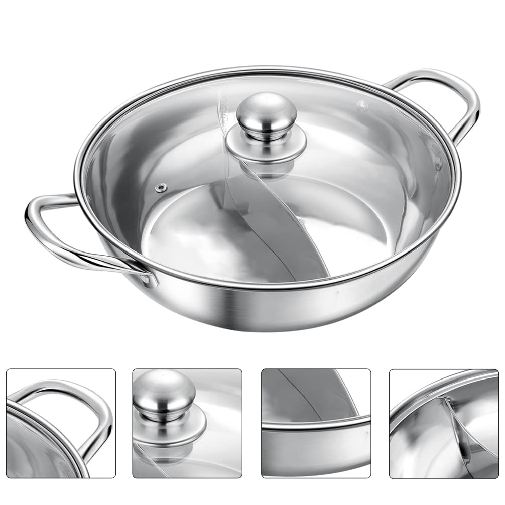Stainless Steel Dual Flavor Hot Pot with Glass Lid - 2-in-1 Mandarin Duck Hot Pot for Soup, Shabu Shabu & Fondue - Kitchen Cookware with Handles for Home Dining & Party Serving