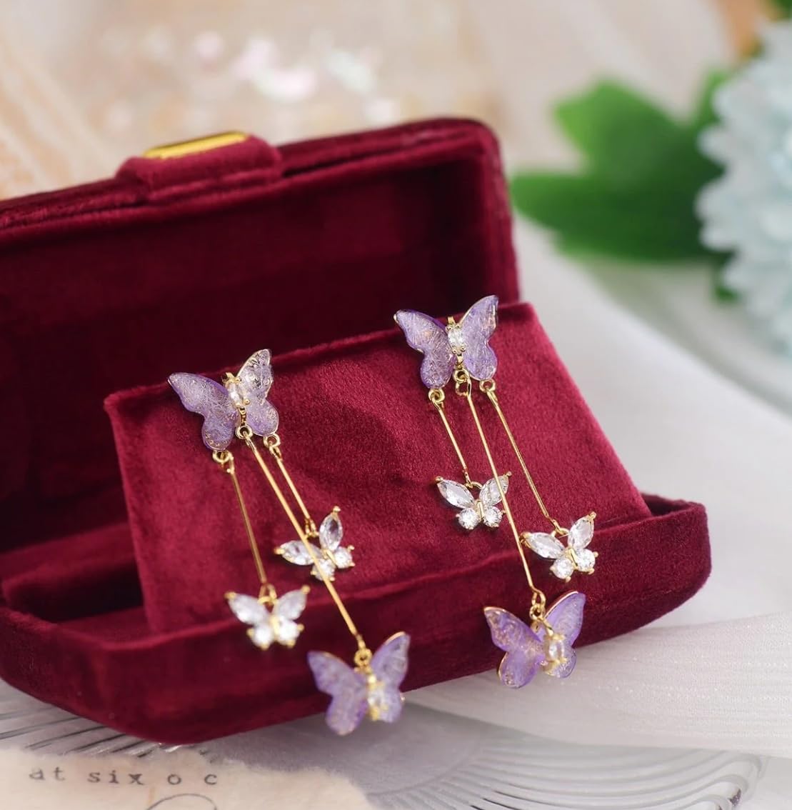 Elegant Purple Crystal Butterfly Dangle Earrings for Women - Trendy Tassel Jewelry Gift for Concerts, Parties & Evening Dresses