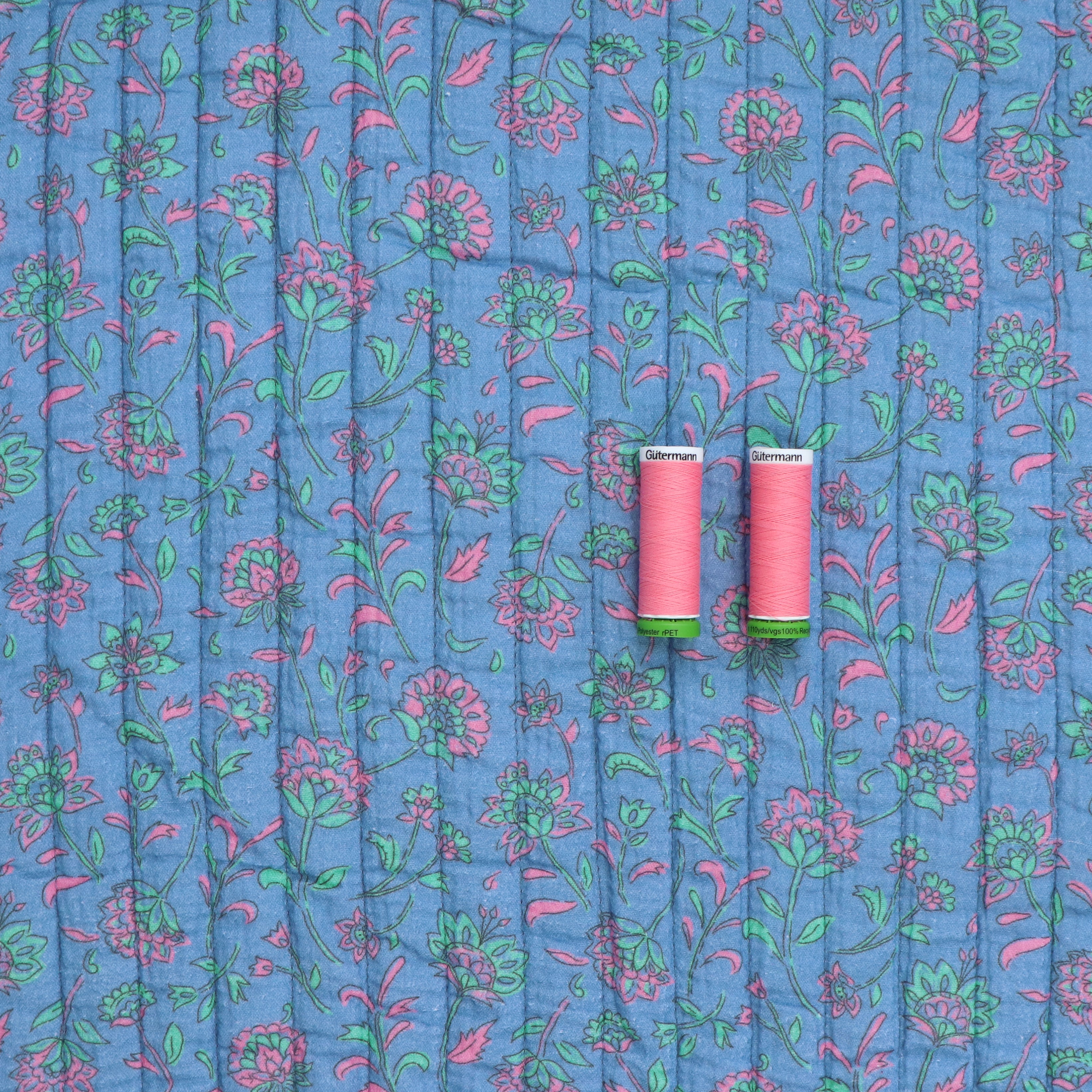 Quilted Double-Sided Fabric - Summer Flowers Design in Blue & Green | Perfect for DIY Quilting, Home Decor, and Craft Projects