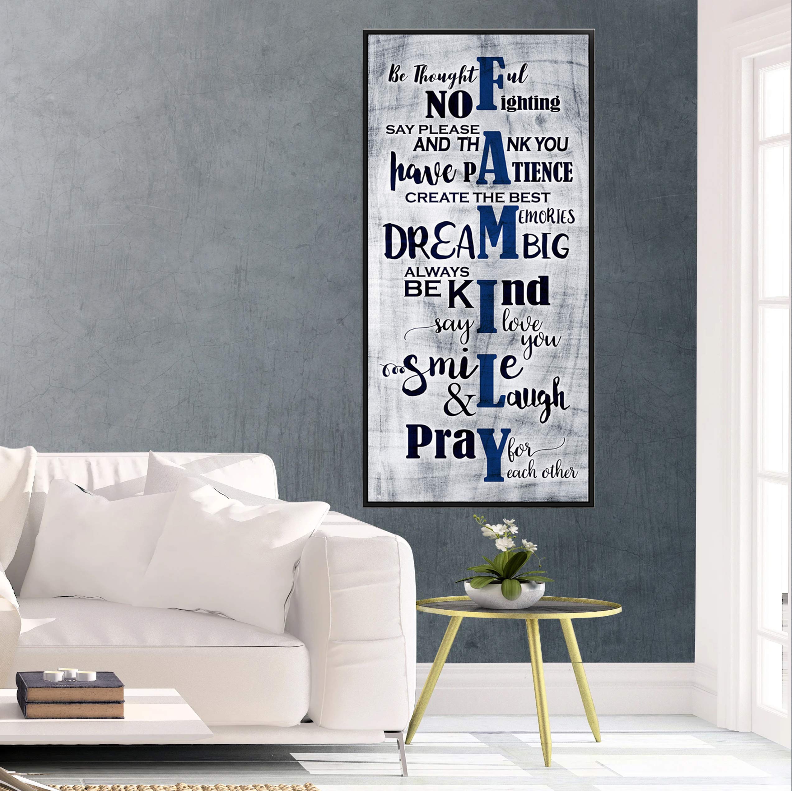 Farmhouse Family Sign Wall Art - Blue & Black Framed Canvas for Living Room Decor